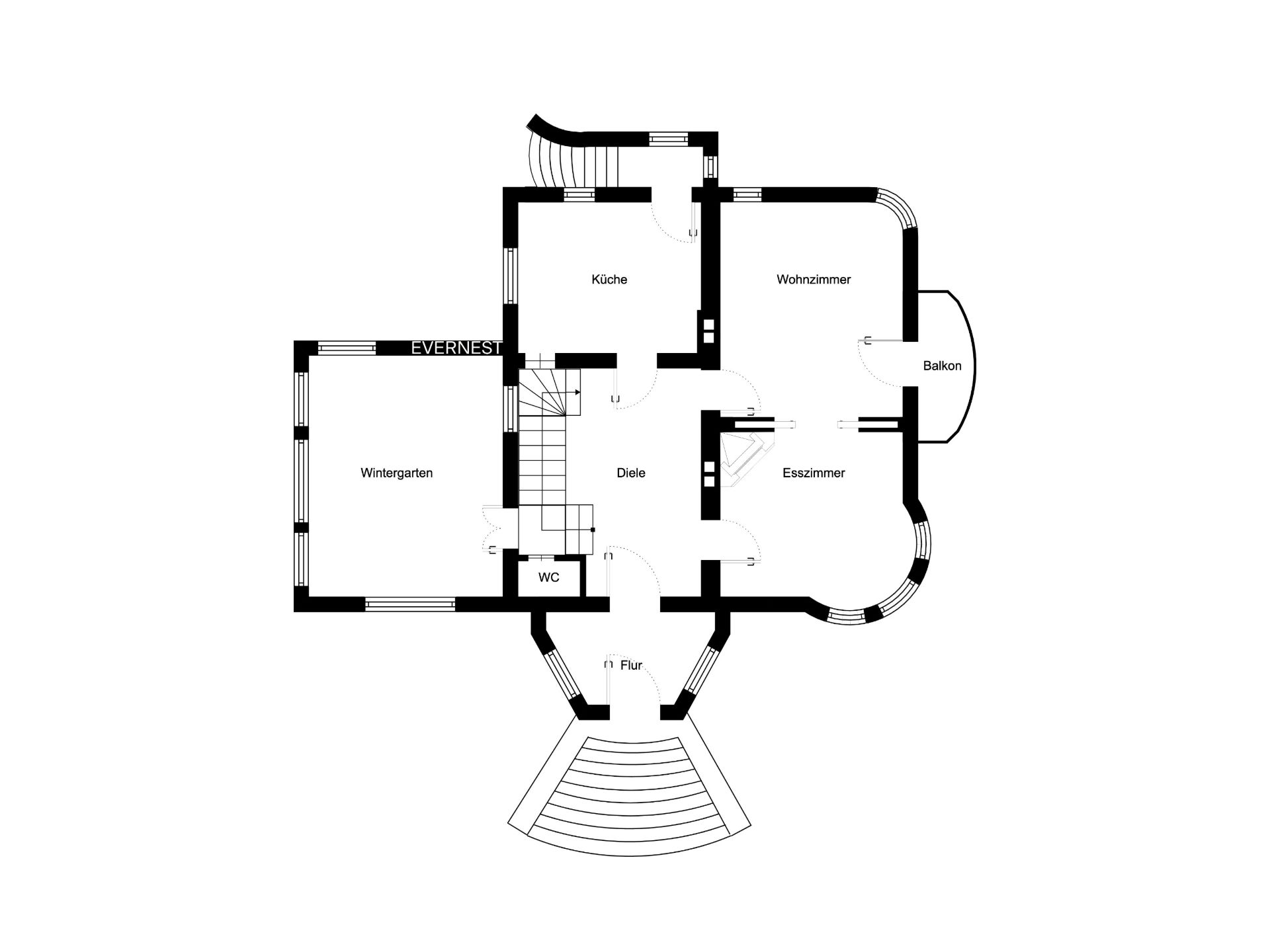 Grundriss mit Wintergarten, Küche, Diele, WC, Flur, Wohnzimmer, Esszimmer und Balkon.
