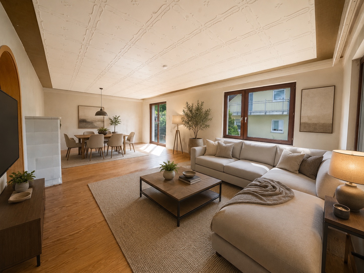 Helles Wohnzimmer mit großer Eckcouch, Couchtisch und Essbereich mit sechs Stühlen.