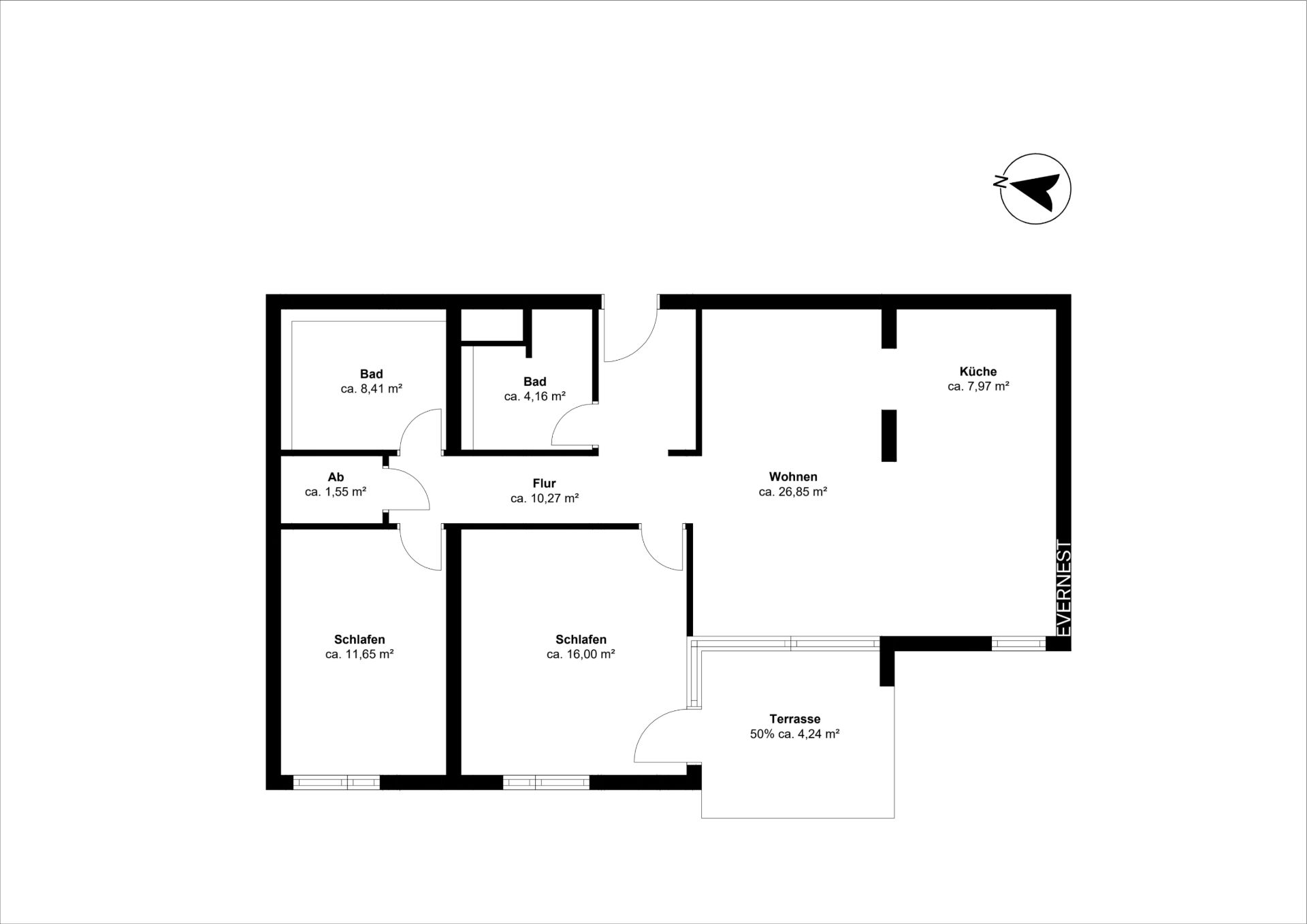 Grundriss einer Wohnung mit zwei Schlafzimmern, zwei Bädern, Küche, Wohnzimmer, Flur, Terrasse und Abstellraum.