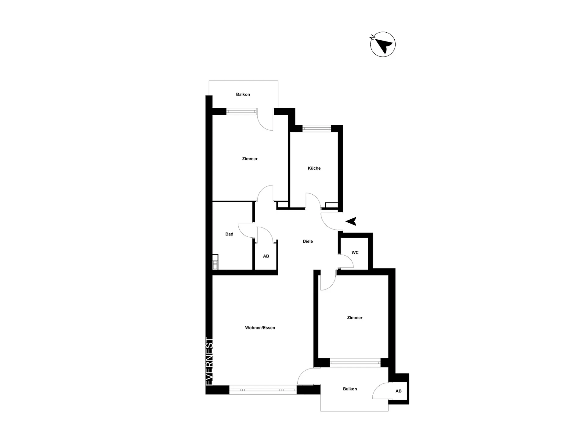 Grundriss einer Wohnung mit zwei Zimmern, Küche, Bad, WC, Diele und zwei Balkonen.