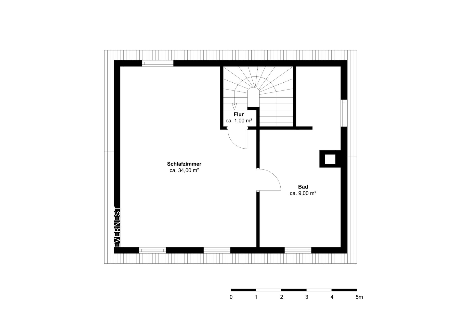 Grundriss mit Schlafzimmer, Bad und Flur. Treppe führt in das Geschoss.