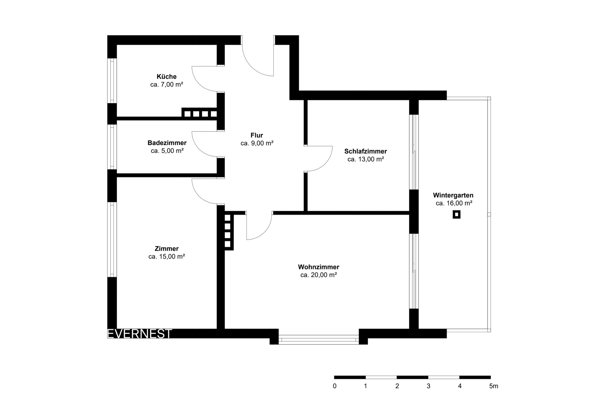 Grundriss einer Wohnung mit Küche, Badezimmer, Flur, Schlafzimmer, Wohnzimmer, Zimmer und Wintergarten.