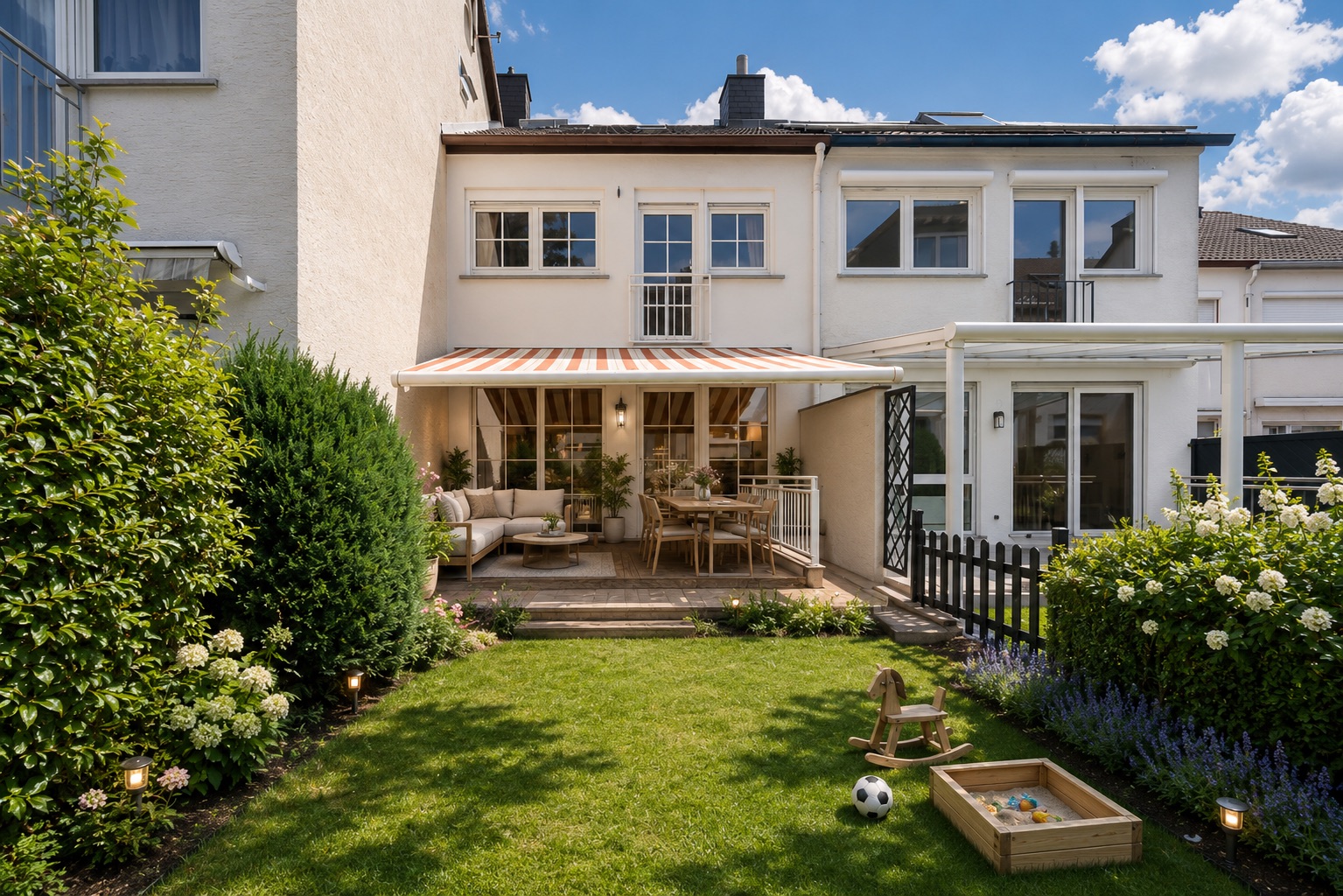 Gepflegter Garten mit Terrasse, Sitzmöbeln, Spielzeug und Markise vor einem Wohnhaus.
