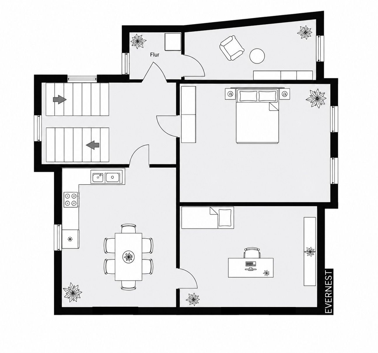 Grundriss einer Wohnung mit Schlafzimmer, Wohnzimmer, Küche, Flur und Treppenhaus.