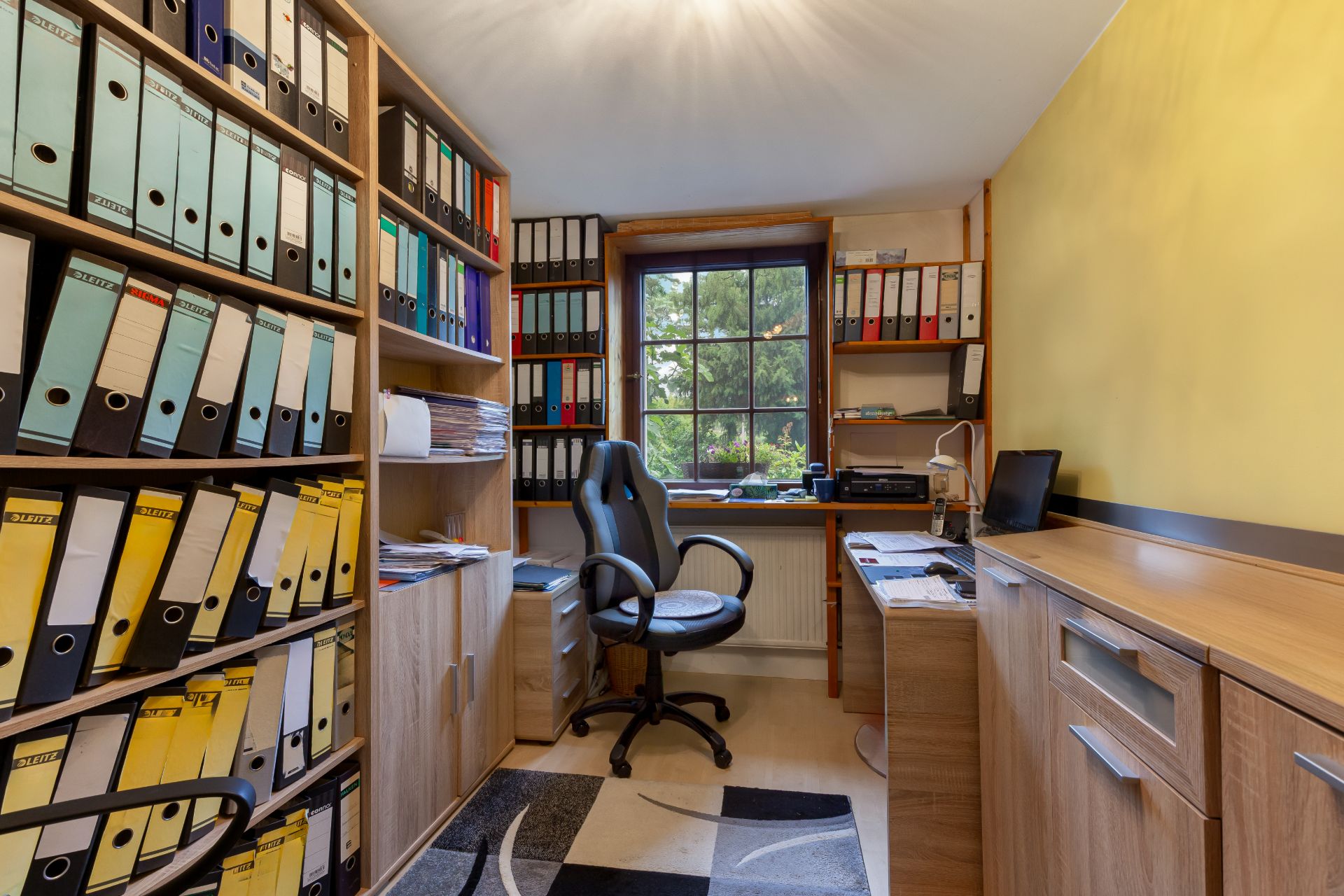 Kleines Arbeitszimmer mit Regalen voller Aktenordner, Schreibtisch, Drehstuhl und Fenster mit Blick ins Grüne.