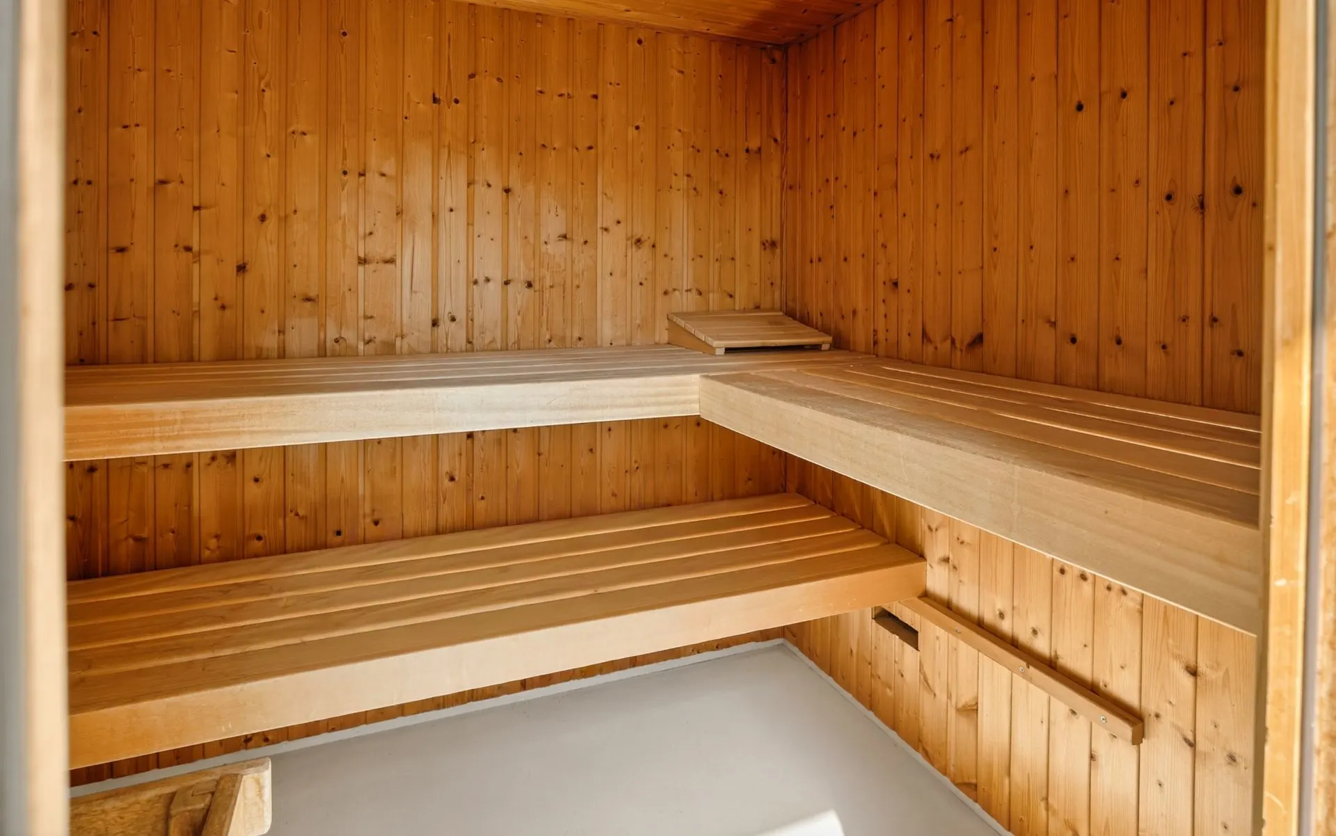 Innenansicht einer Holzsauna mit zwei Sitzbänken.