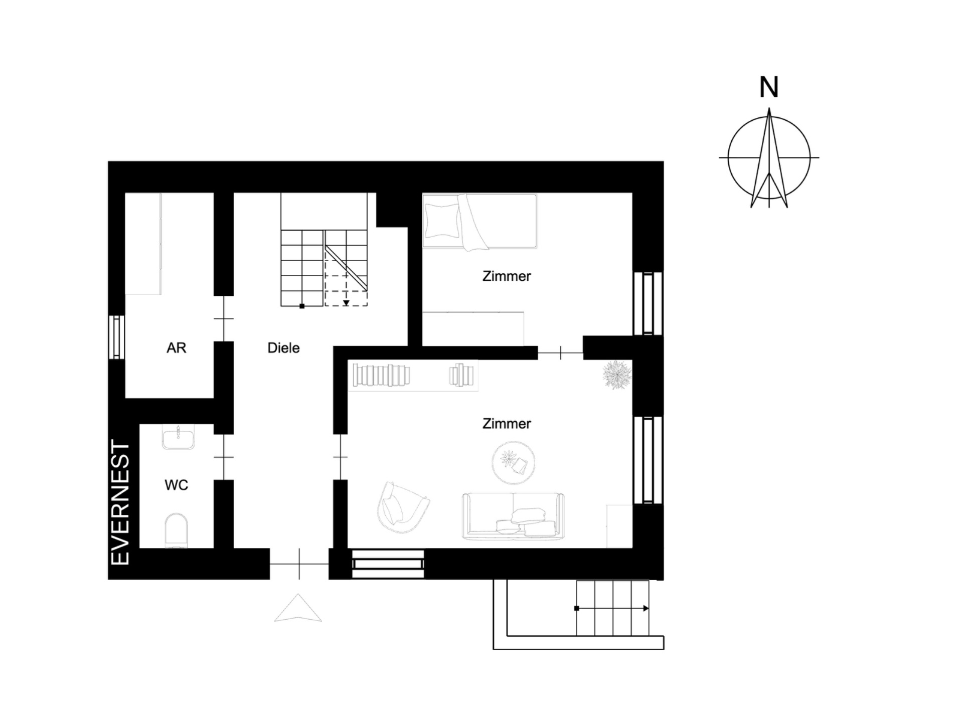 Grundriss einer Wohnung mit zwei Zimmern, Diele, Abstellraum und WC.