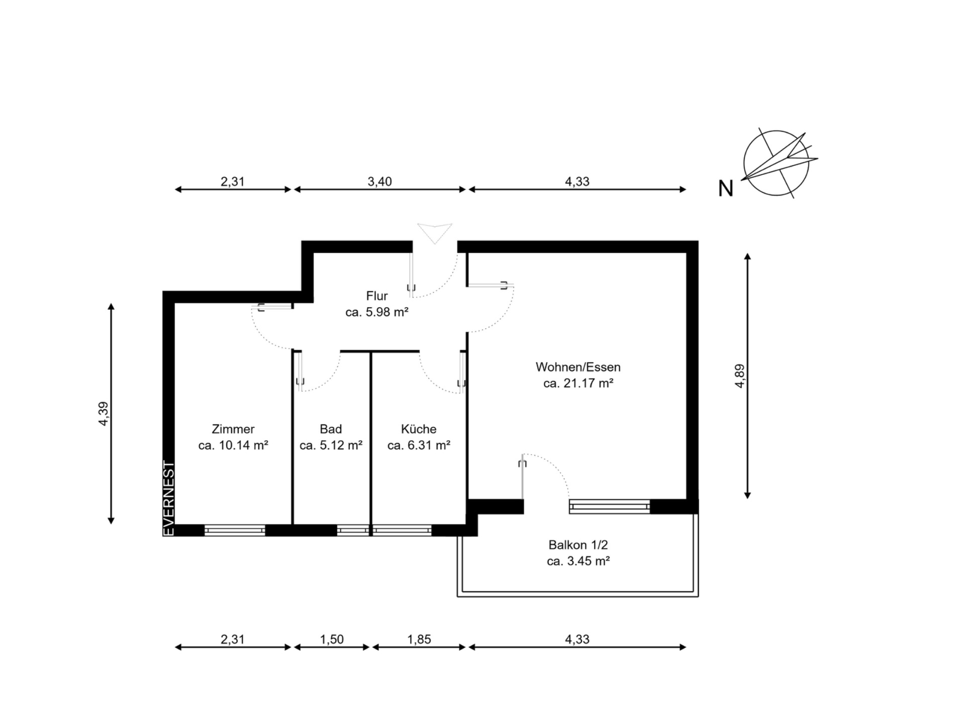 Grundriss einer Wohnung mit Zimmer, Bad, Küche, Flur, Wohn-/Essbereich und Balkon.