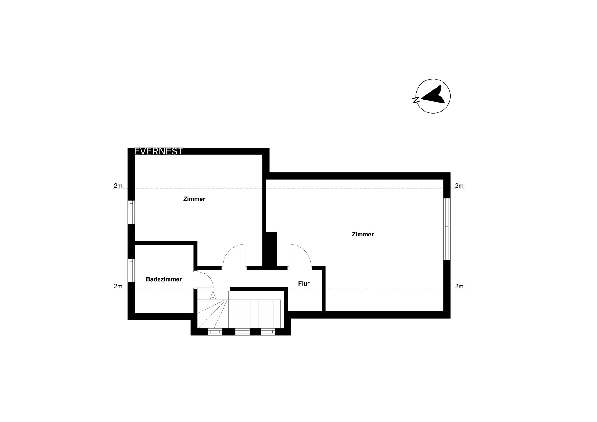 Grundriss mit zwei Zimmern, einem Badezimmer, einem Flur und einer Treppe.