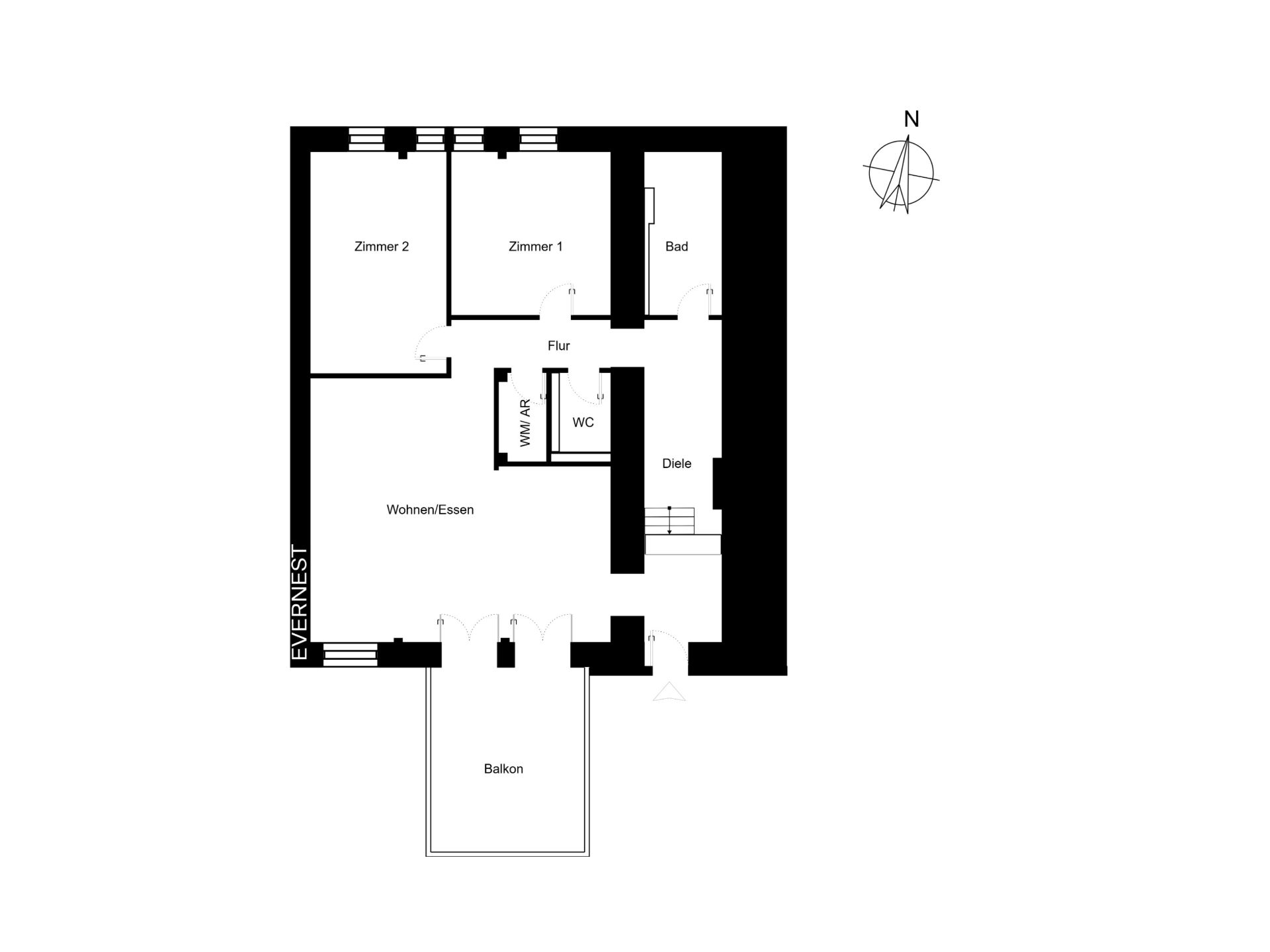 Grundriss einer Wohnung mit zwei Zimmern, Bad, WC, Wohnen/Essen und Balkon.