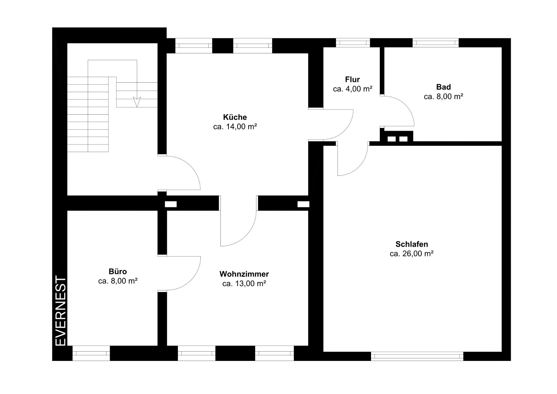 Grundriss einer Wohnung mit Küche, Bad, Flur, Schlafzimmer, Wohnzimmer und Büro.