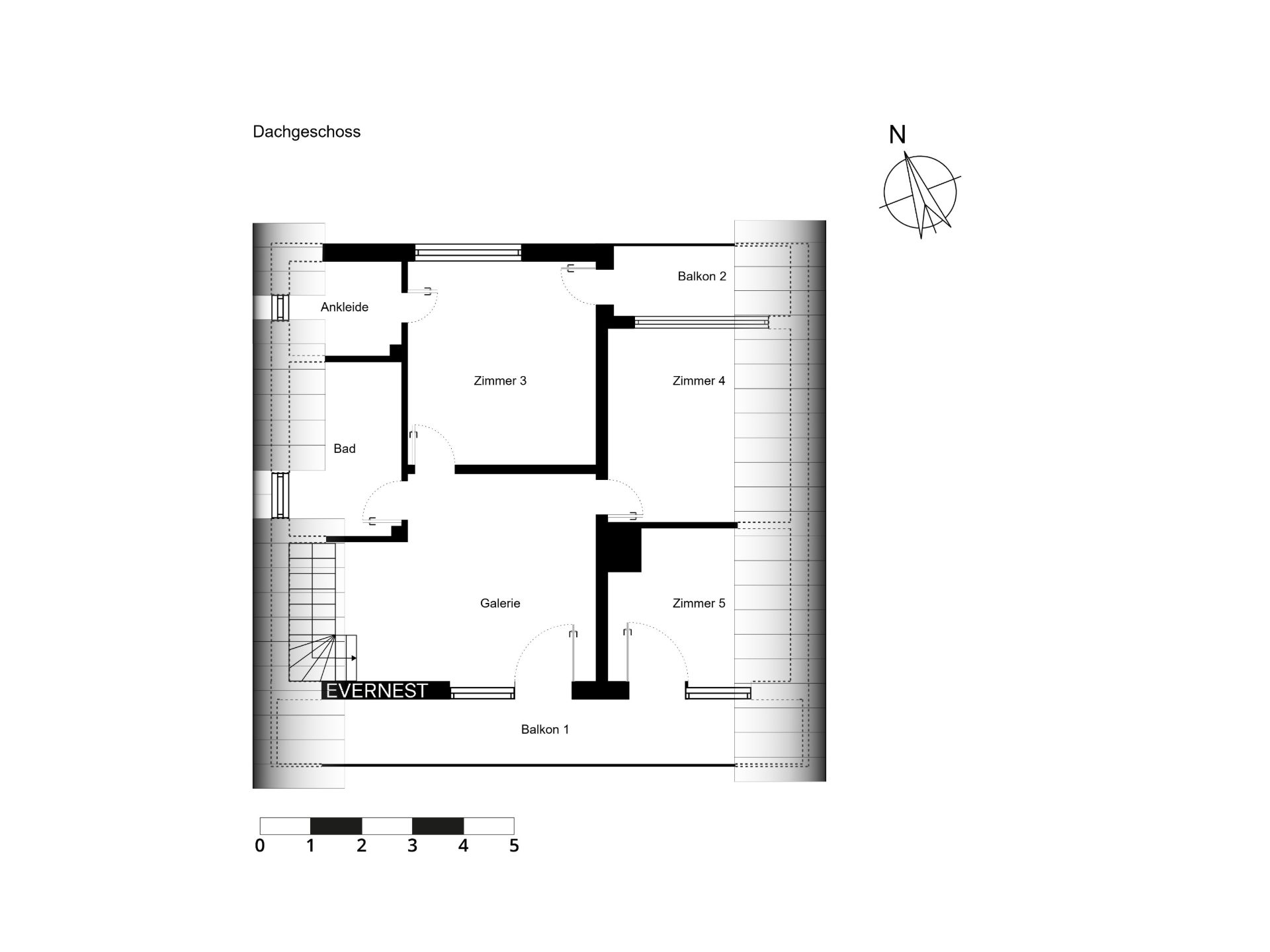 Grundriss eines Dachgeschosses mit drei Zimmern, Bad, Ankleide, Galerie und zwei Balkonen.