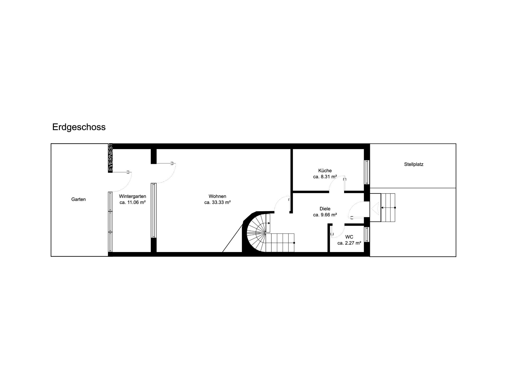 Grundriss des Erdgeschosses mit Wintergarten, Wohnzimmer, Küche, Diele, WC und Garten.