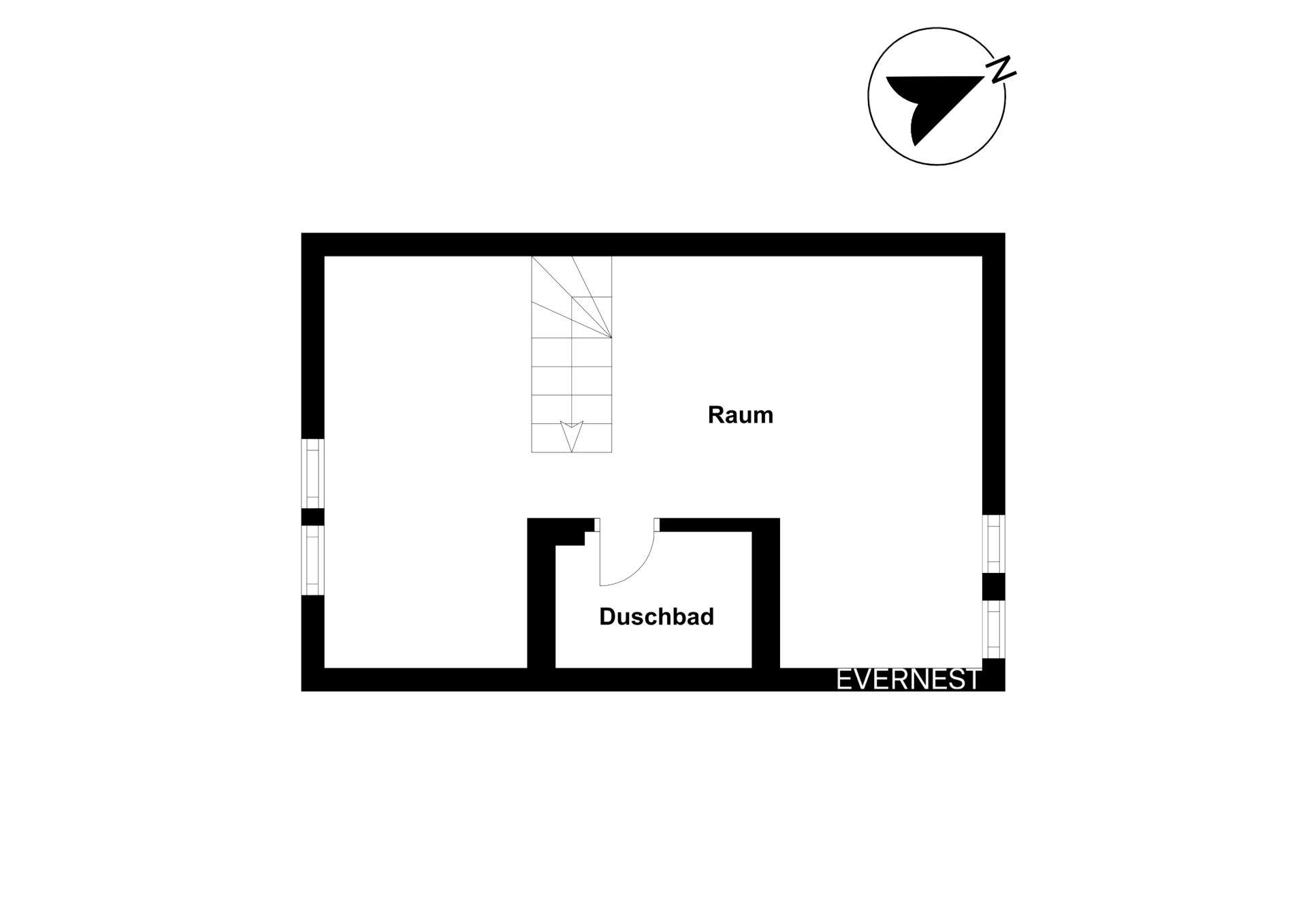 Grundriss mit einem Raum, einem Duschbad und einer Treppe in einem Wohngebäude.