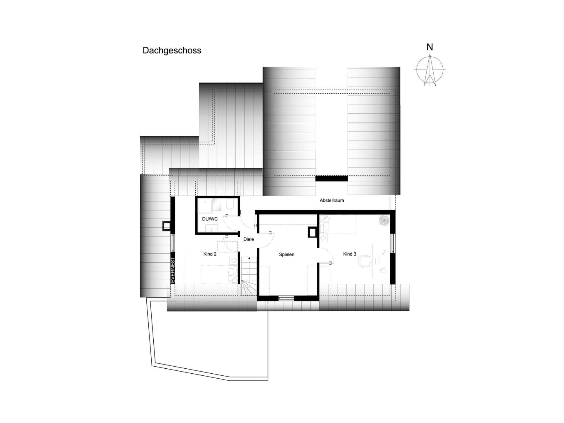 Grundriss eines Dachgeschosses mit zwei Kinderzimmern, Spielbereich und Badezimmer.