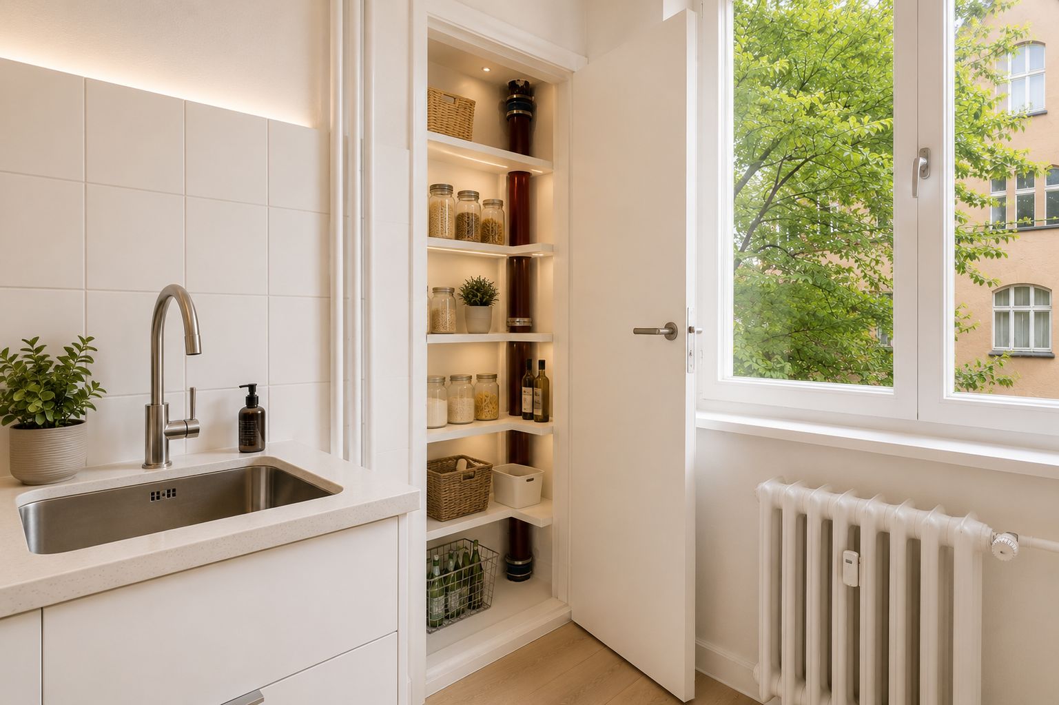 Helle Küche mit Spüle, geöffneter Vorratskammer und großem Fenster mit Blick ins Grüne.