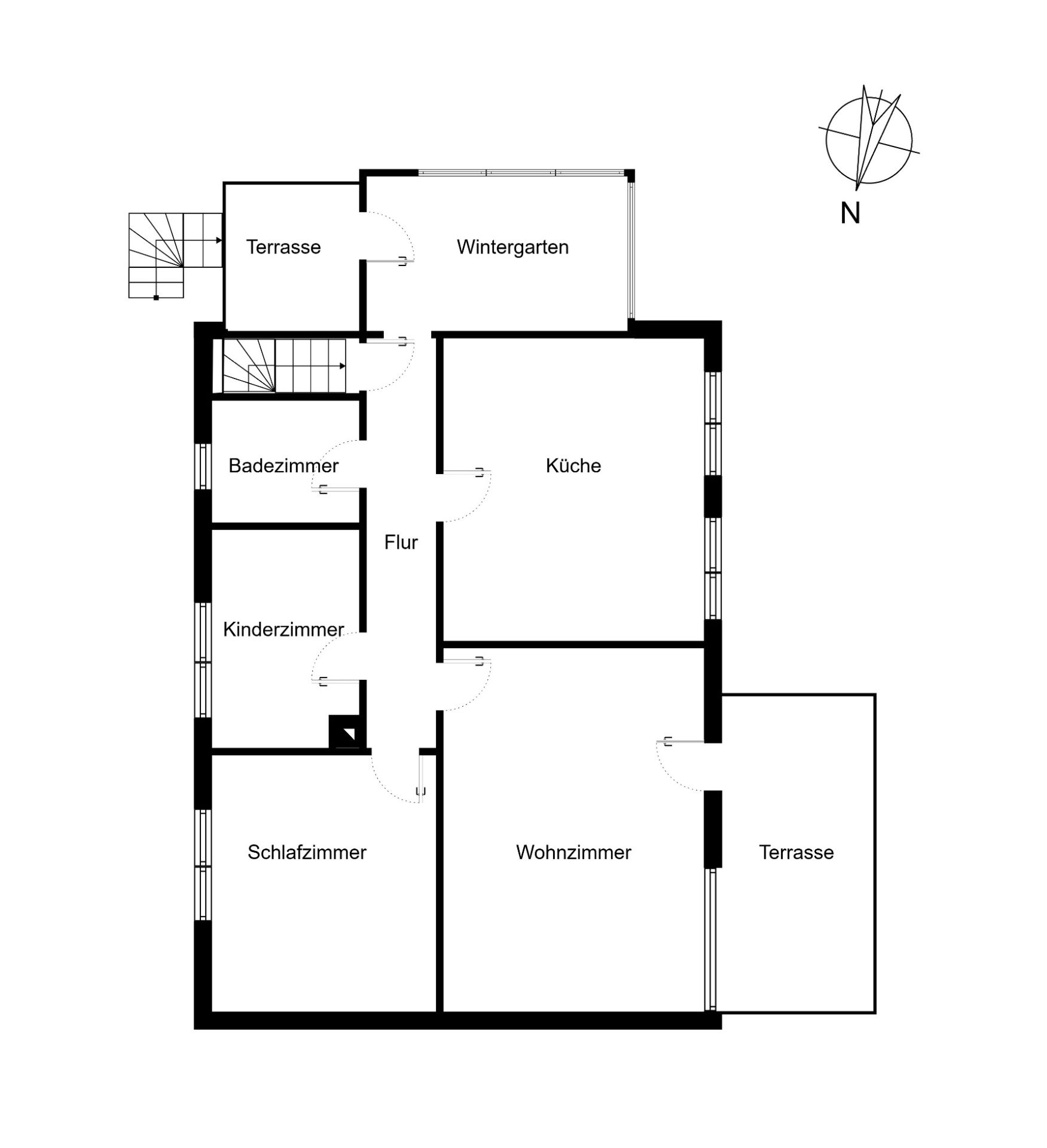 Grundriss einer Wohnung mit Wohnzimmer, Schlafzimmer, Kinderzimmer, Küche, Bad, Flur, Wintergarten und Terrassen.