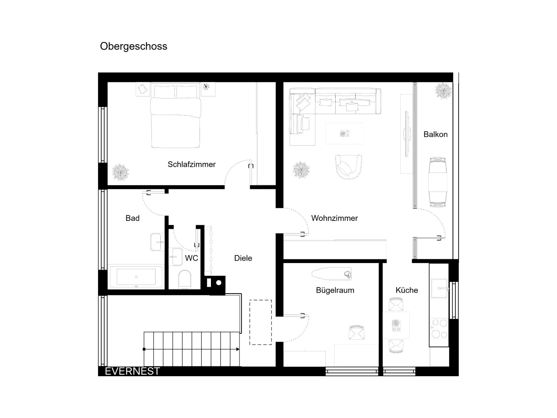 Grundriss des Obergeschosses mit Schlafzimmer, Wohnzimmer, Bad, WC, Küche, Balkon und Bügelraum.