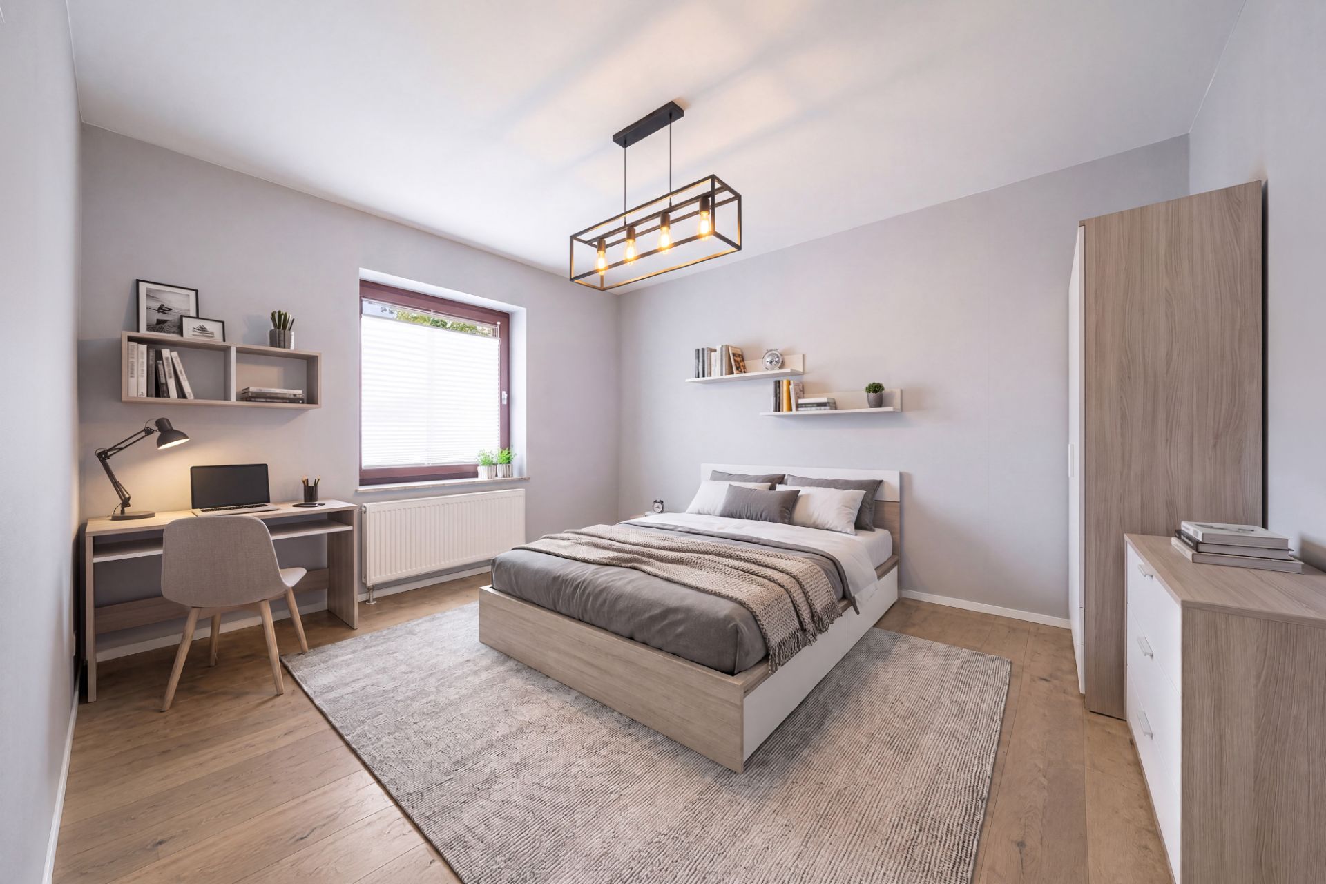 Modernes Schlafzimmer mit Doppelbett, Schreibtisch, Regal und großem Fenster.