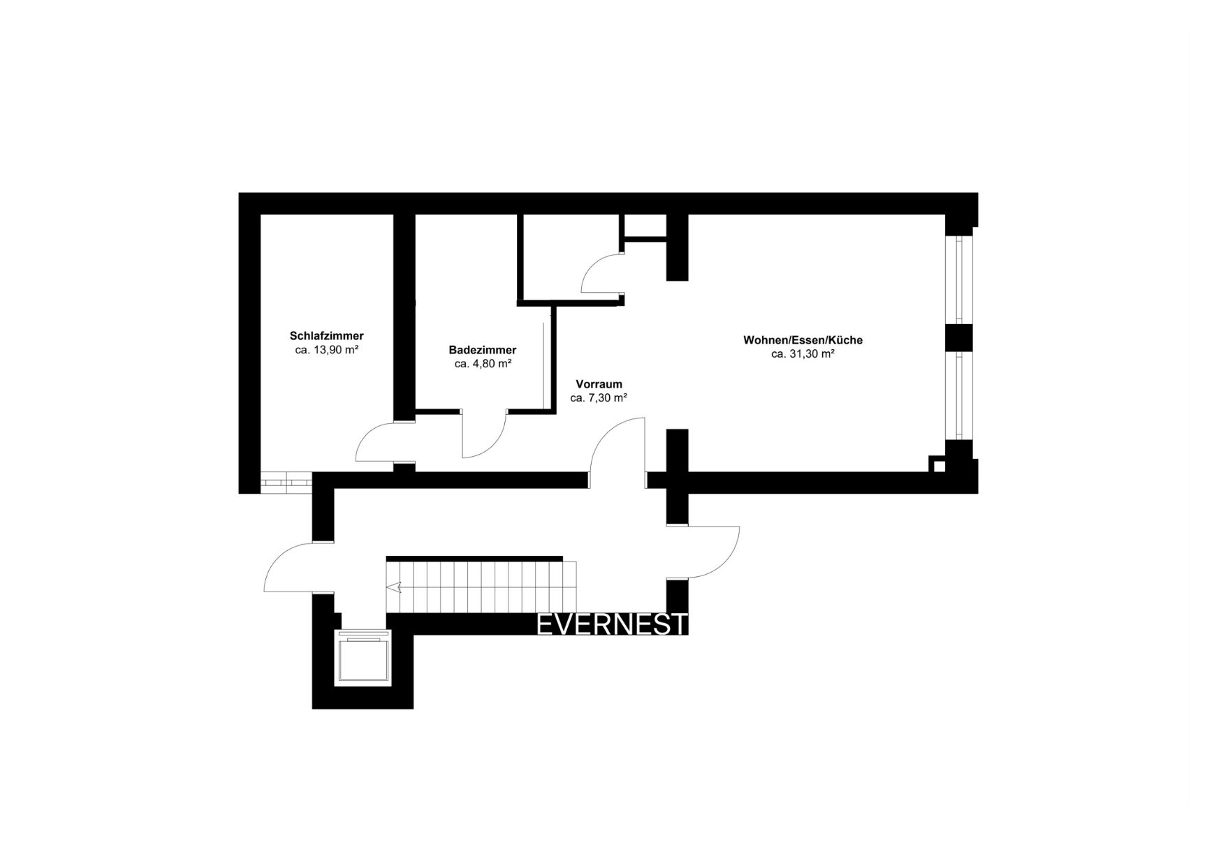 Grundriss mit Schlafzimmer, Wohnzimmer mit Küche, Bad und Vorraum.