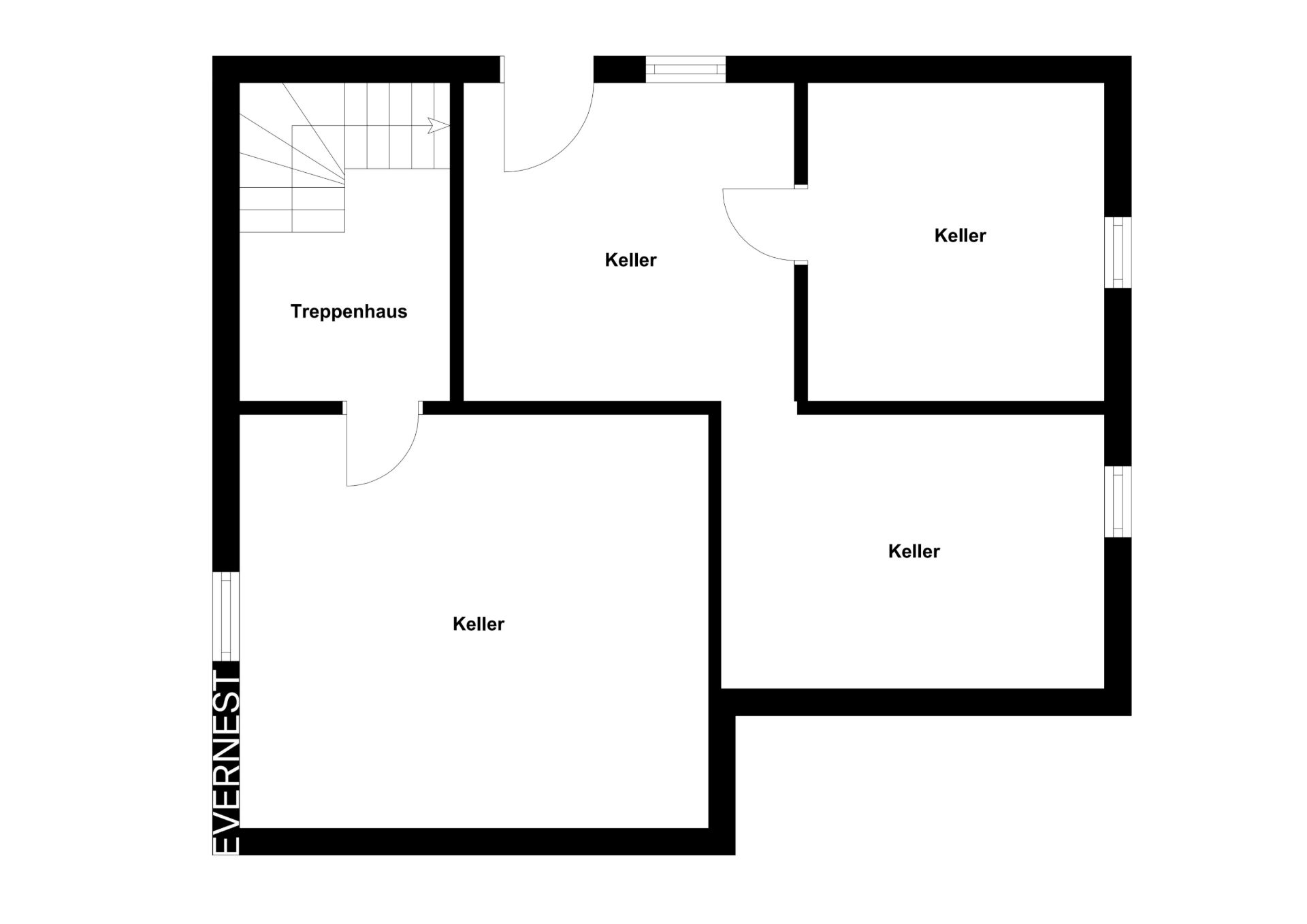 Grundriss zeigt Treppenhaus und drei separat beschriftete Kellerräume.