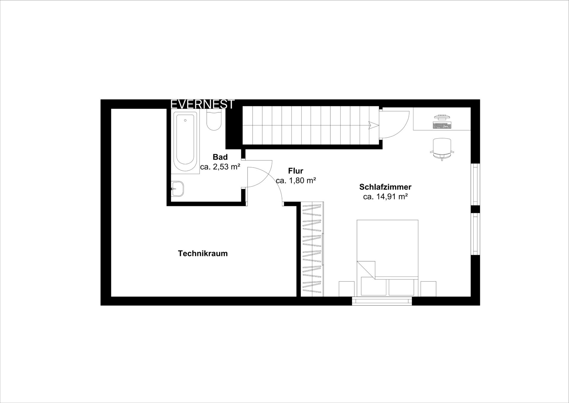 Grundriss mit Schlafzimmer, Bad, Flur und Technikraum.