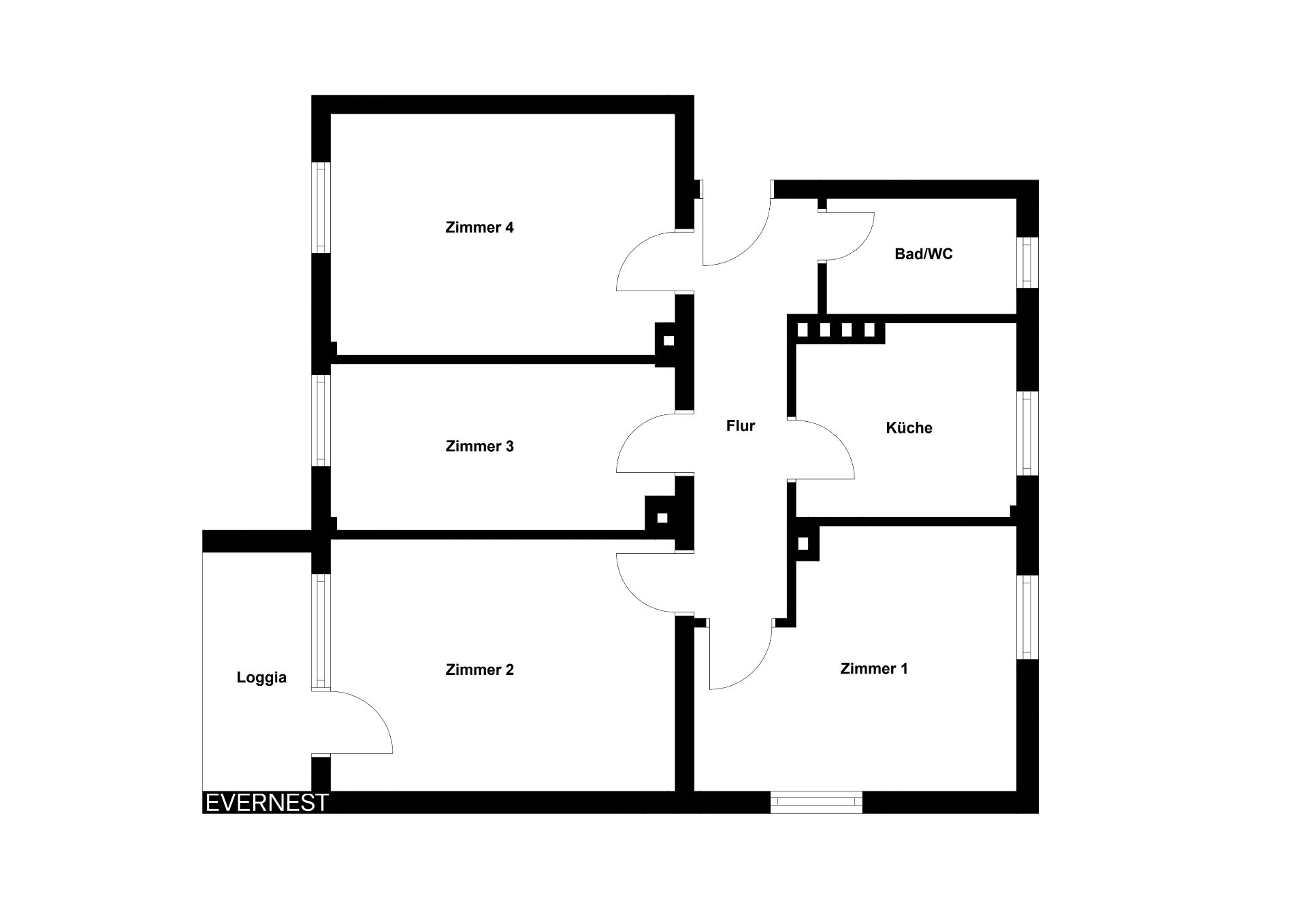 Grundriss einer Wohnung mit vier Zimmern, Küche, Bad/WC, Flur und Loggia.