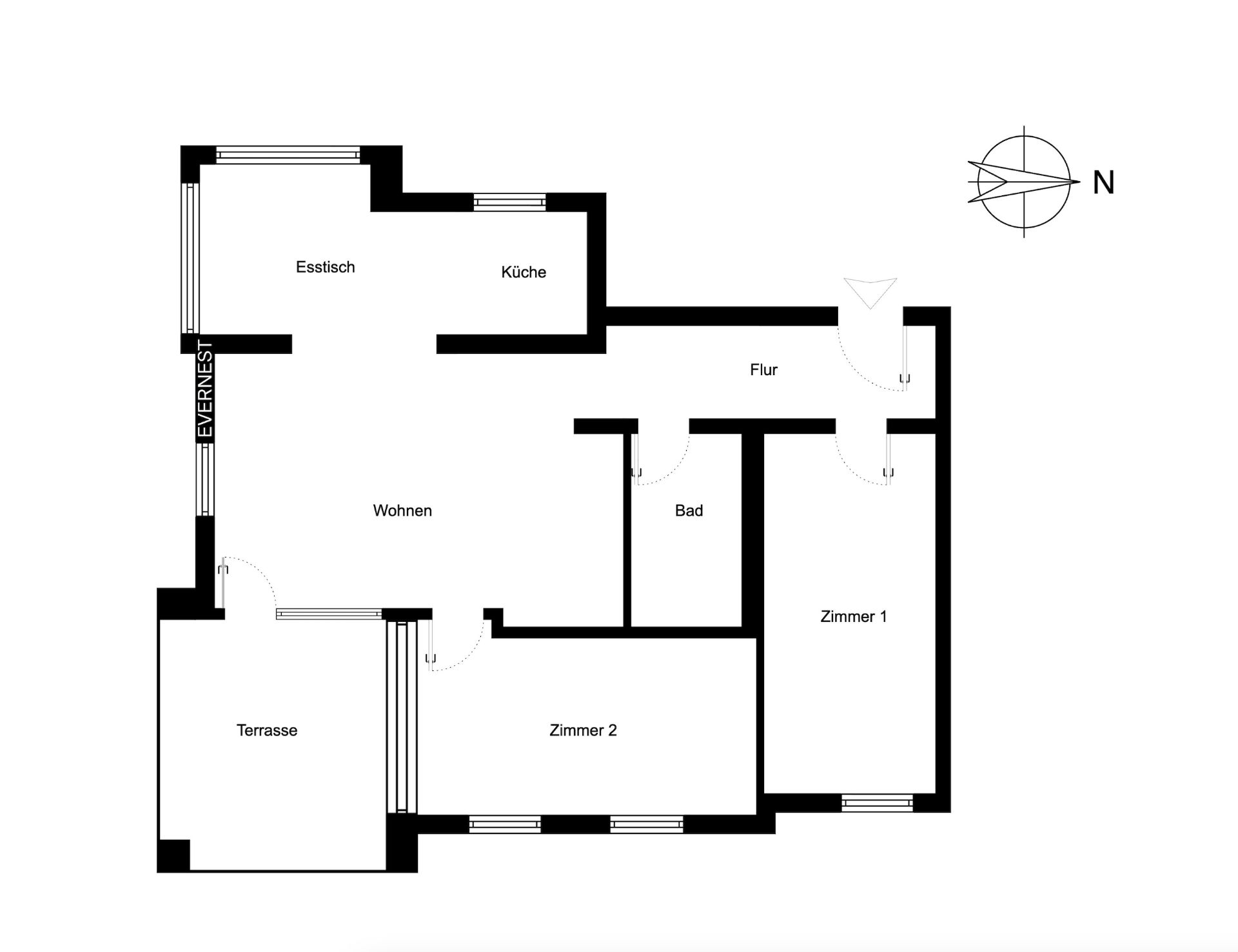 Grundriss mit Terrasse, Wohnzimmer, Küche, Essbereich, zwei Zimmern, Bad und Flur.