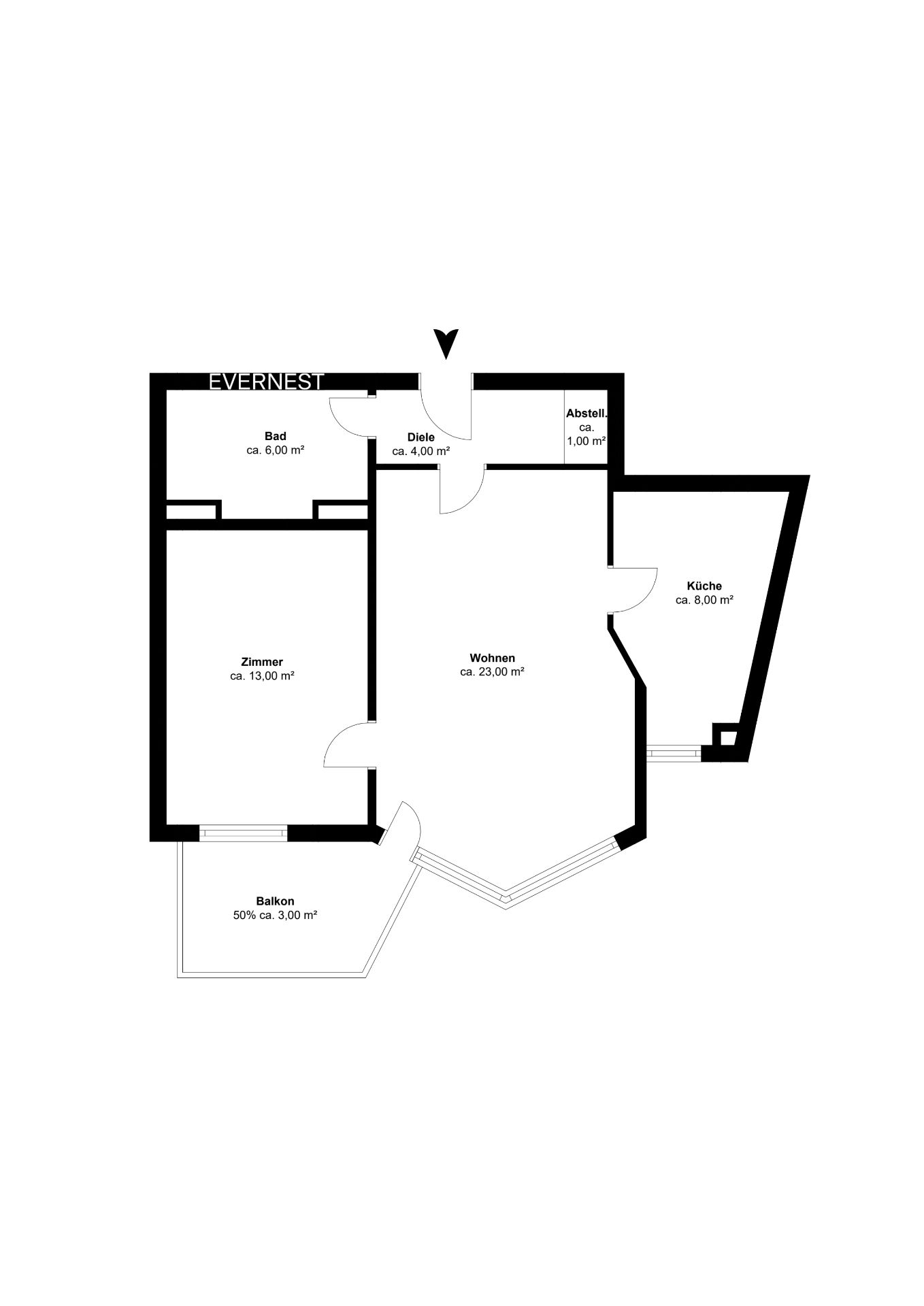 Grundriss einer Wohnung mit Zimmer, Bad, Küche, Balkon, Abstellraum und Wohnbereich.