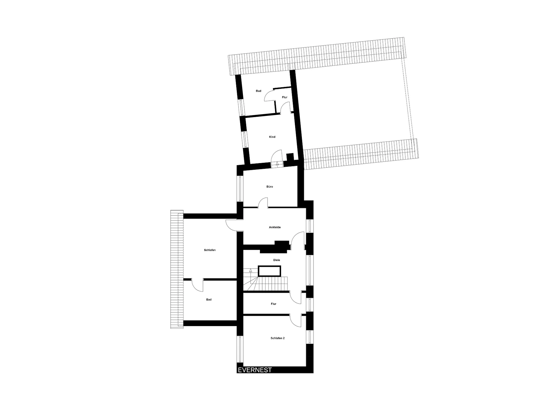 Grundriss mit Schlafzimmern, Bädern, Büro, Kinderzimmer, Ankleide und Flur.