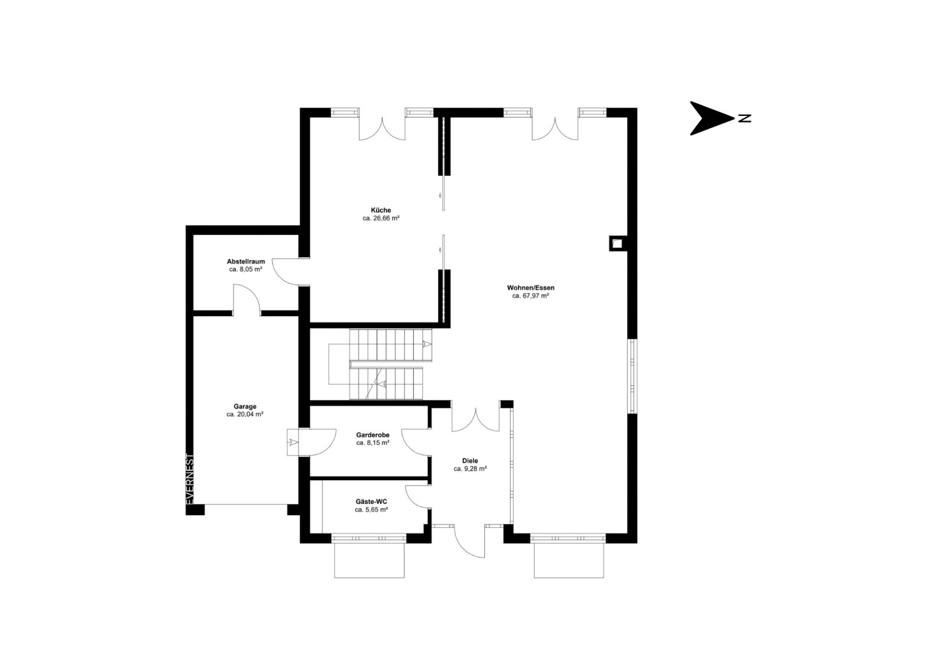Grundriss eines Wohnhauses mit Wohnzimmer, Küche, Diele, Gäste-WC, Garderobe, Abstellraum und Garage.