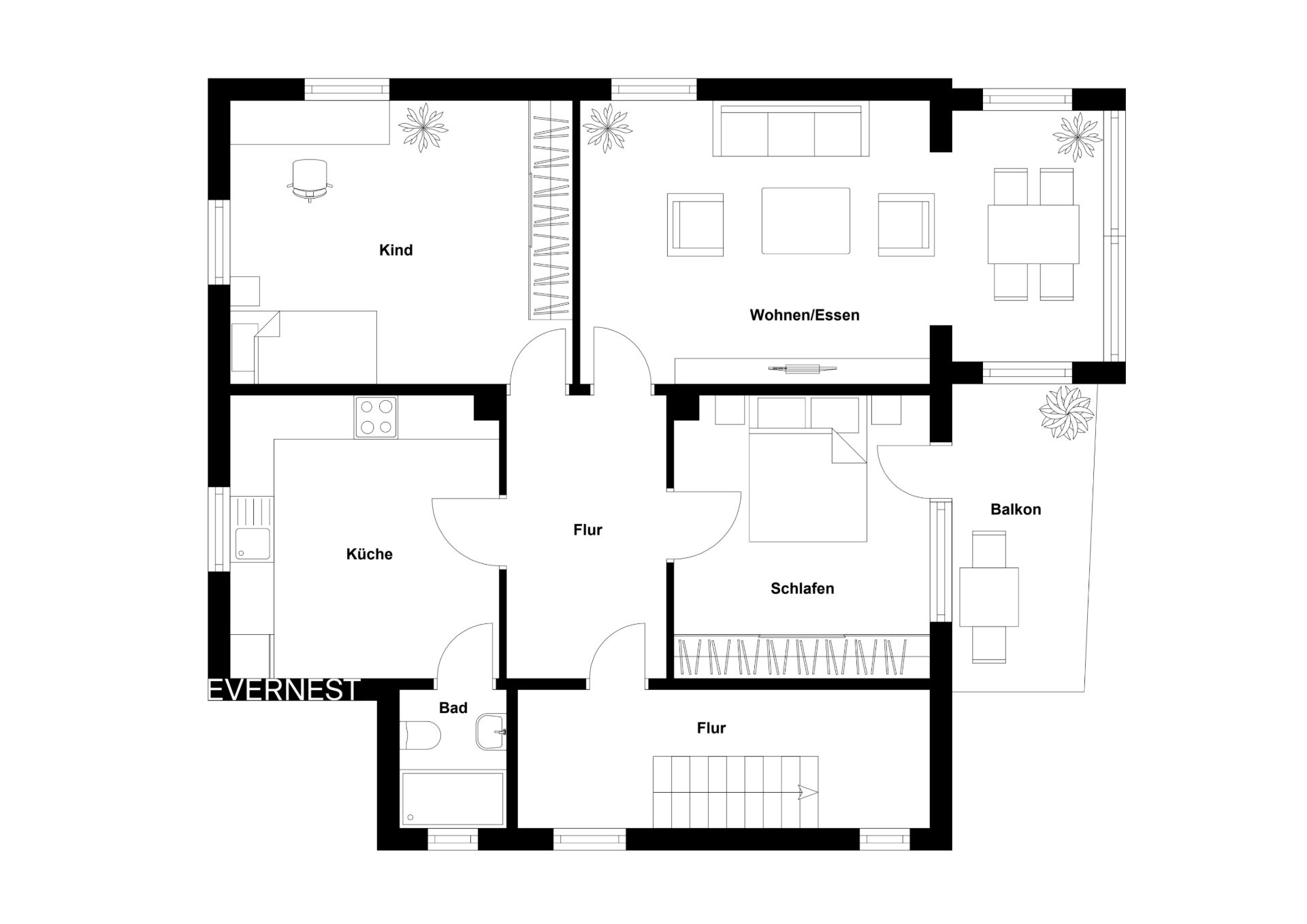 Grundriss einer Wohnung mit Schlafzimmer, Kinderzimmer, Küche, Bad, Wohn-/Essbereich und Balkon.