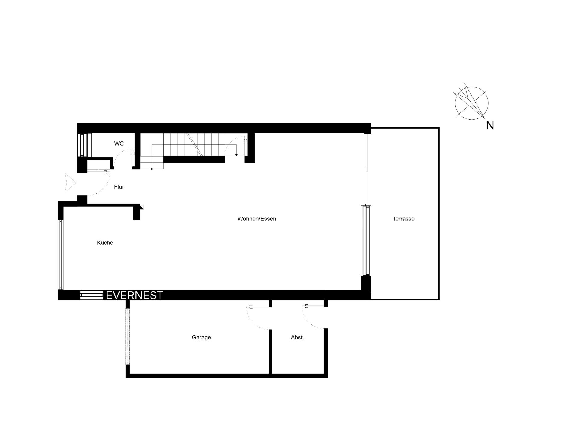 Grundriss mit Küche, Wohn-/Essbereich, Terrasse, WC, Garage und Abstellraum.