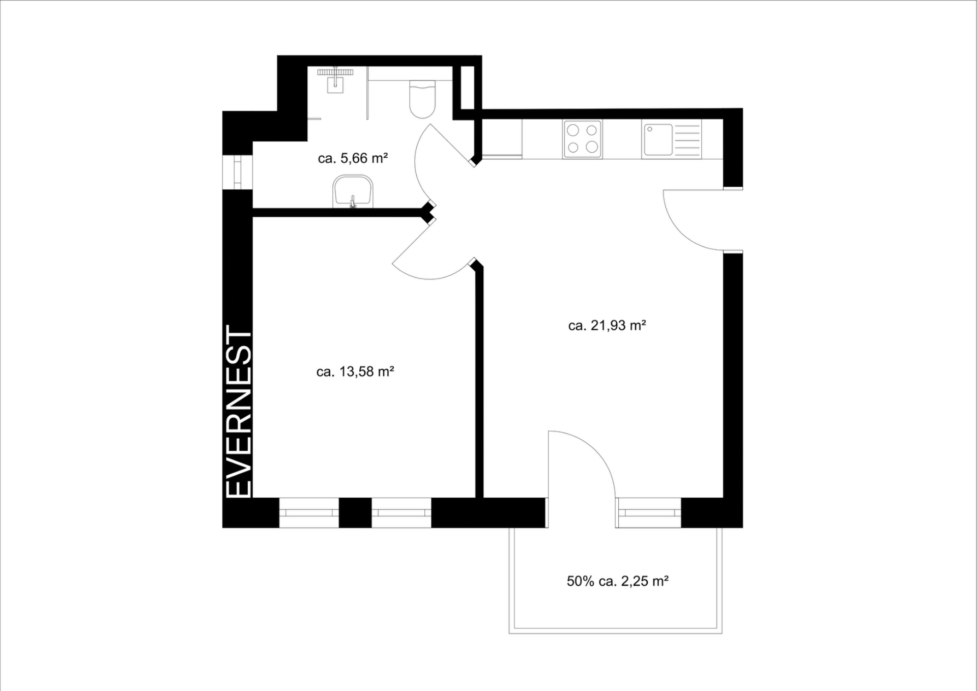 Grundriss einer Wohnung mit drei Räumen und kleinem Balkon, Flächenangaben in Quadratmetern.