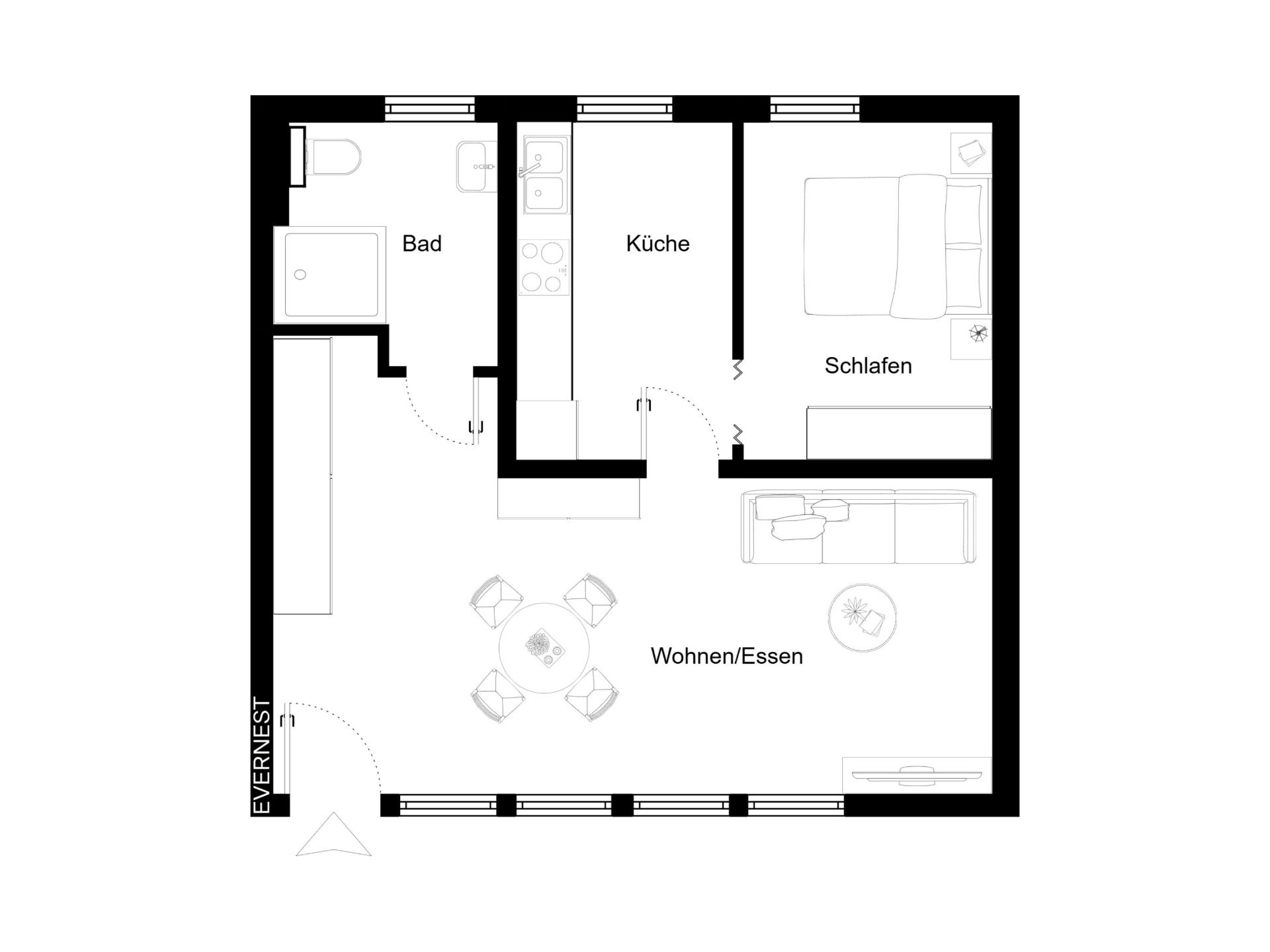 Grundriss einer Wohnung mit Bad, Küche, Schlafzimmer und Wohn-/Essbereich.