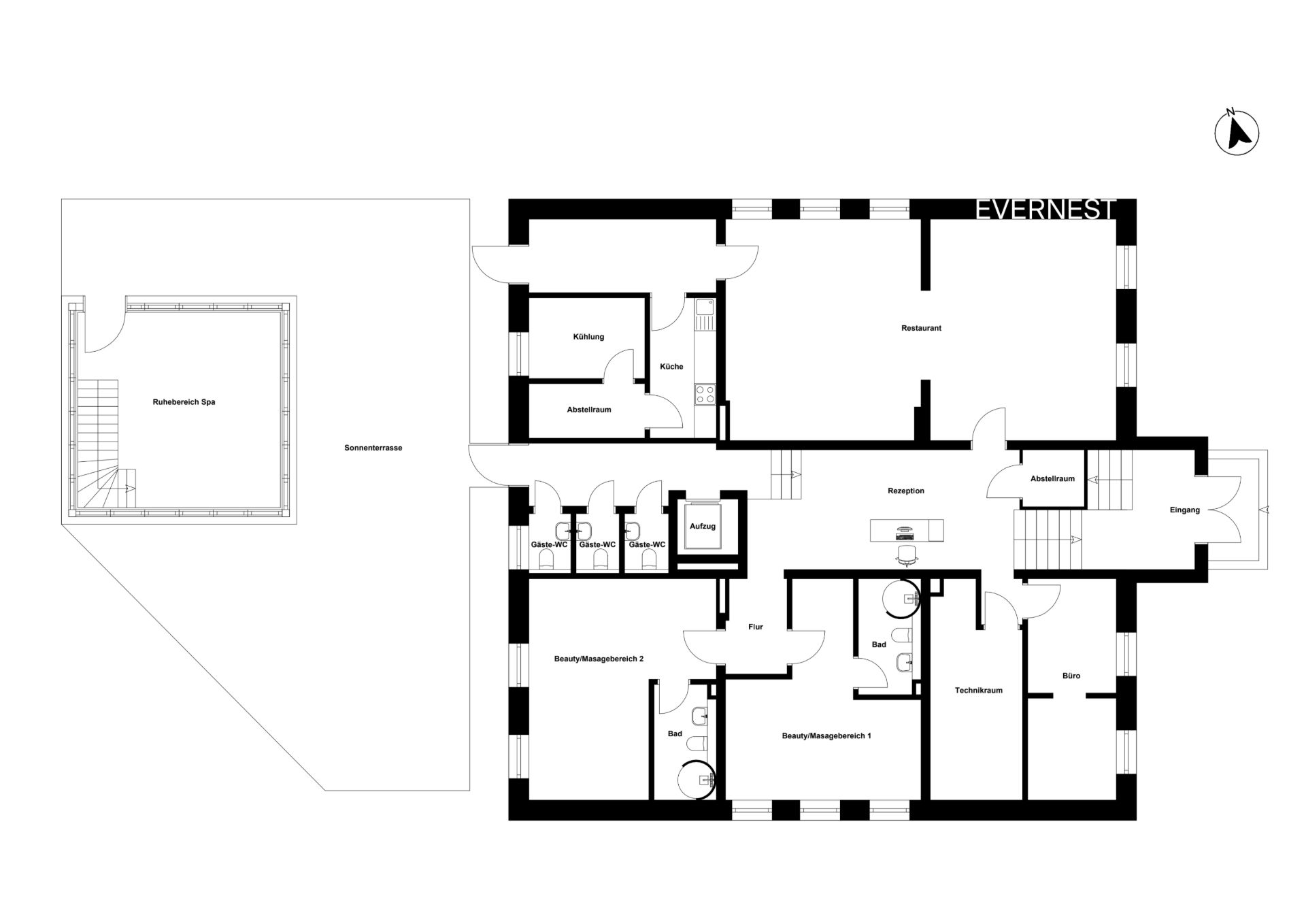 Grundriss eines Wohngebäudes mit mehreren Zimmern, Bädern und einer Terrasse.
