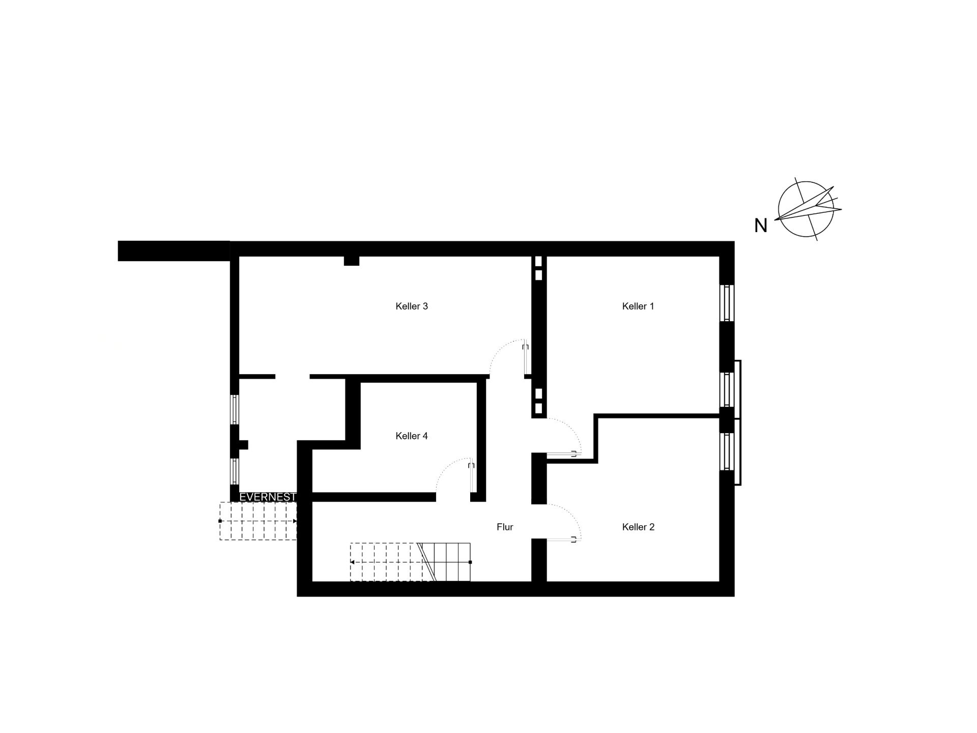 Grundriss eines Kellers mit vier beschrifteten Kellerräumen und Flur.
