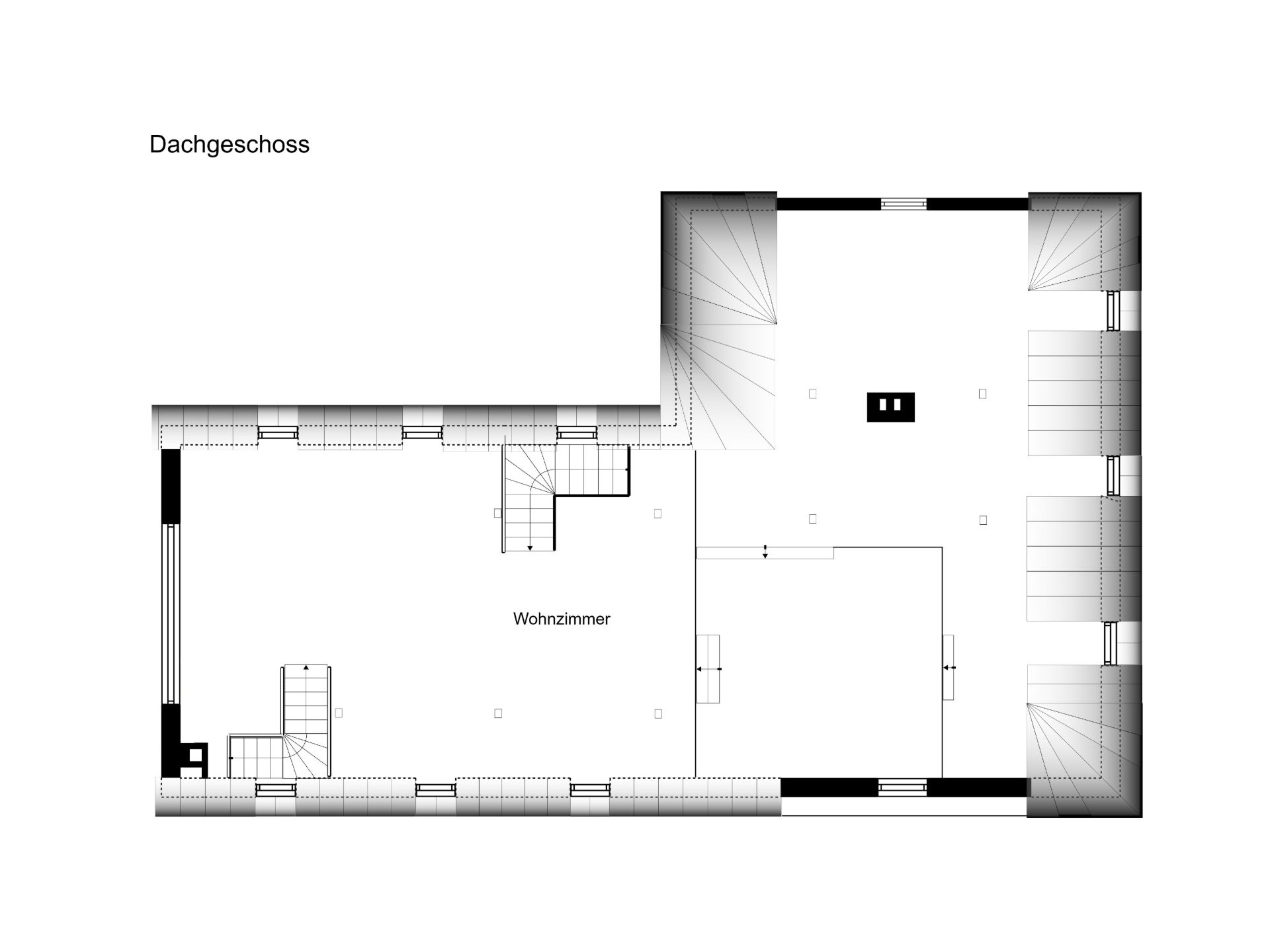Grundriss eines Dachgeschosses mit großem Wohnzimmer und Treppenaufgang.