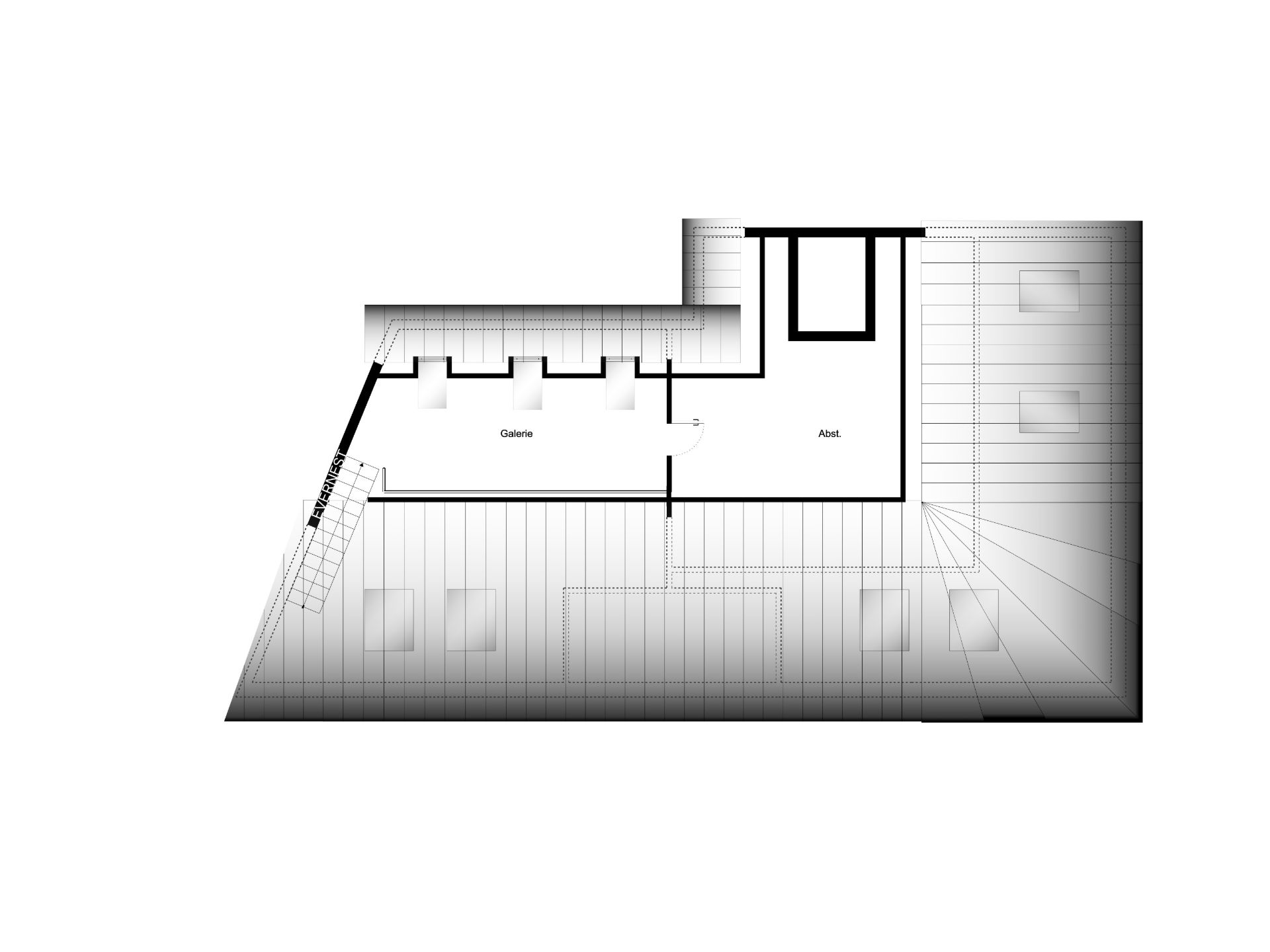Grundriss eines Dachgeschosses mit Galerie, Abstellraum und Treppe.
