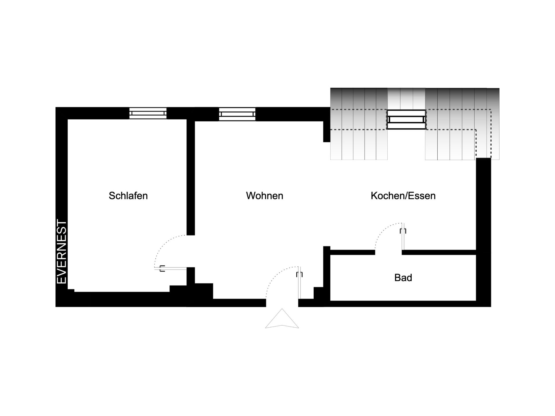 Wohnungsgrundriss mit Zimmern Schlafen, Wohnen, Kochen/Essen und Bad.