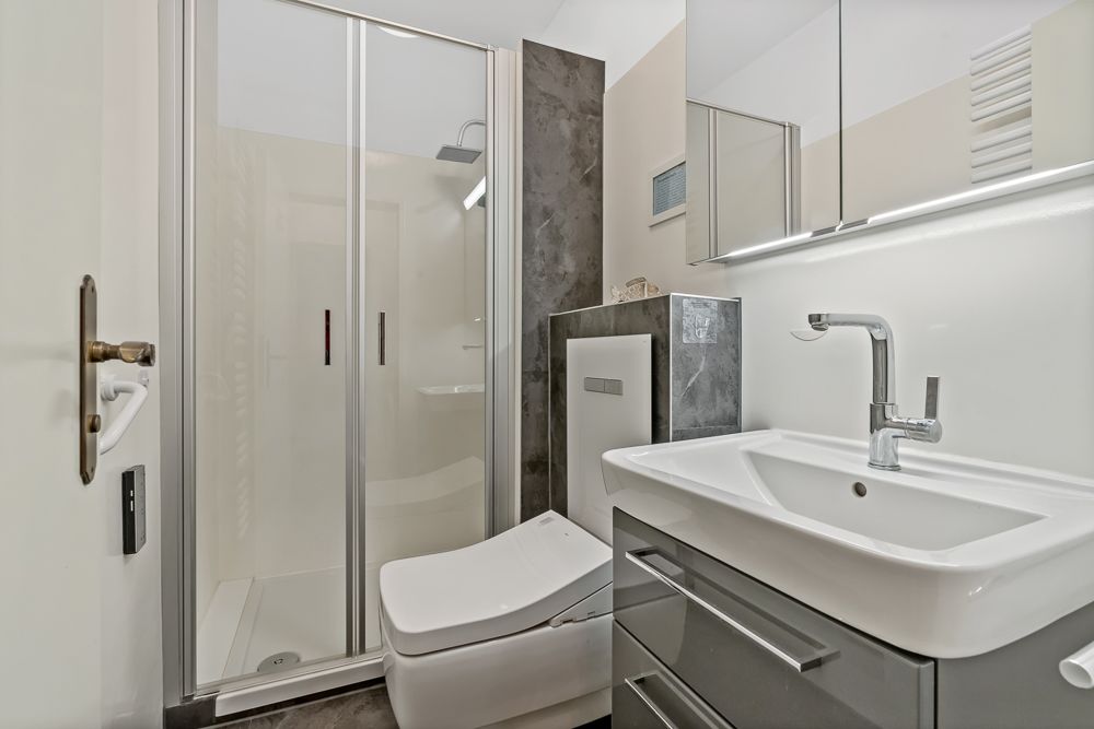 Modernes Badezimmer mit Dusche, WC und Waschbecken mit Spiegel.