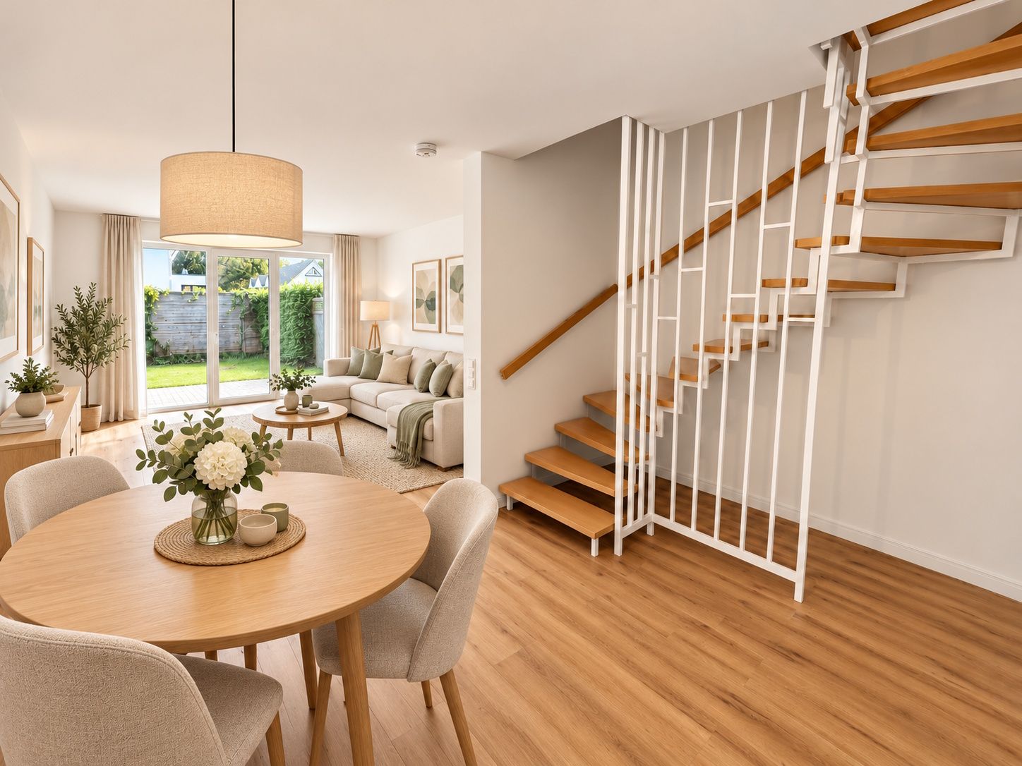 Modernes Wohnzimmer mit Holztreppe, Essbereich und Blick auf den Garten durch große Fenster.