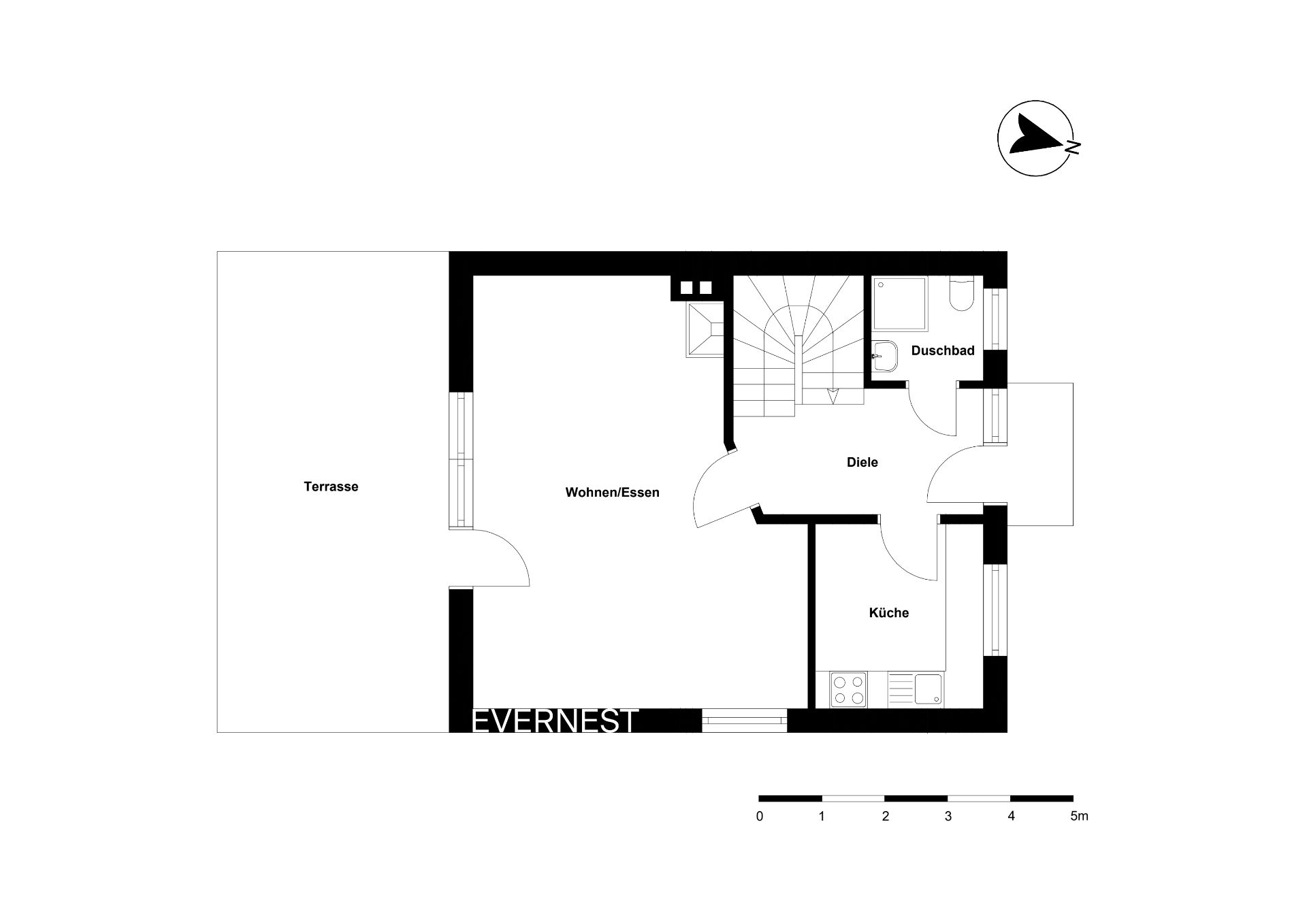 Grundriss mit Terrasse, Wohn-/Essbereich, Küche, Diele und Duschbad.