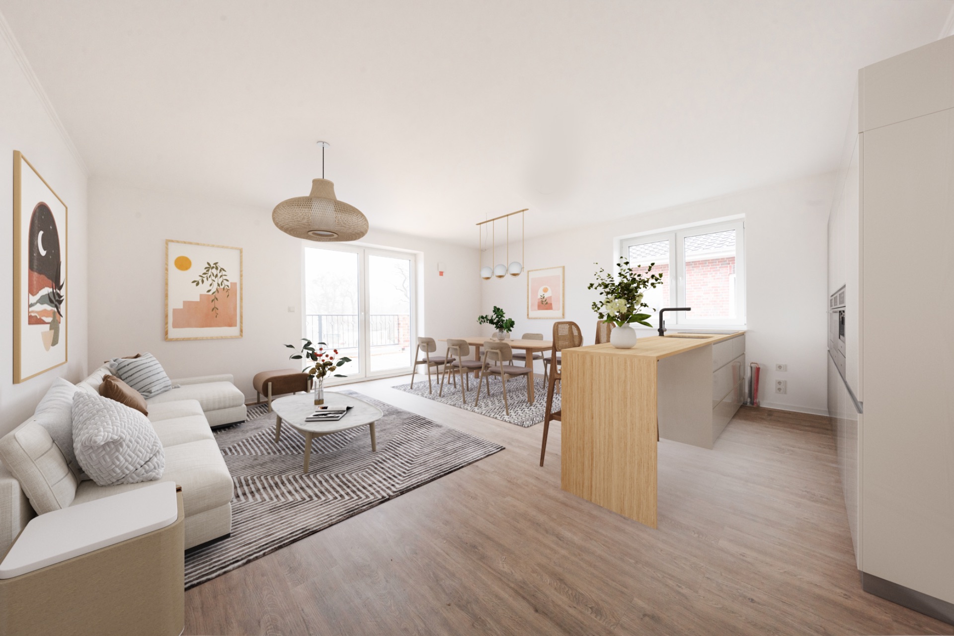 Helles Wohnzimmer mit Sofa, Couchtisch, Essbereich und offener Küche mit Tresen.