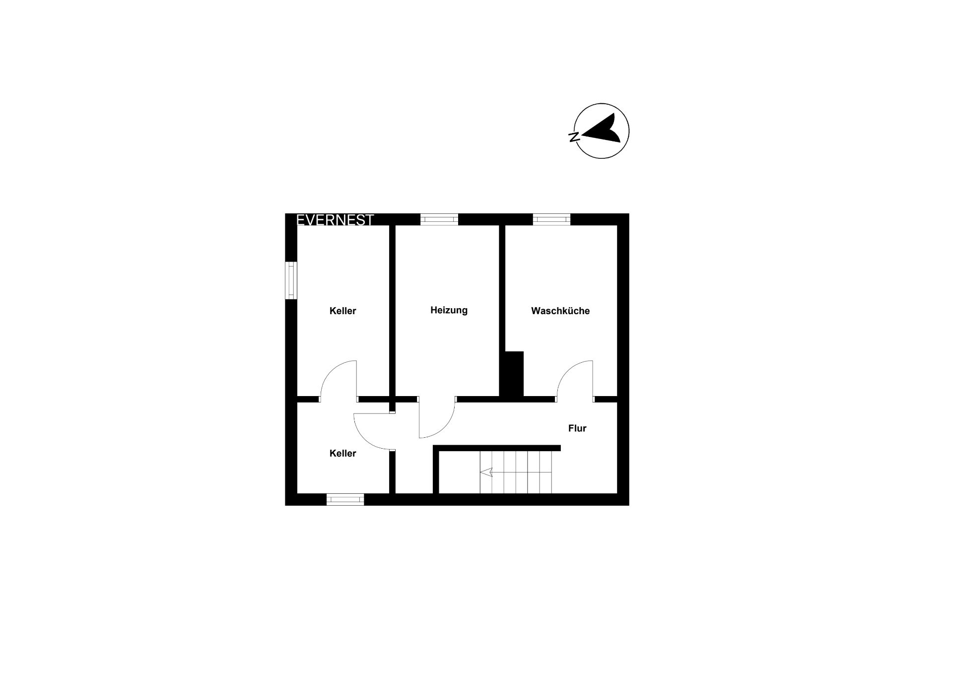 Grundriss mit Keller, Heizungsraum, Waschküche und Flur.