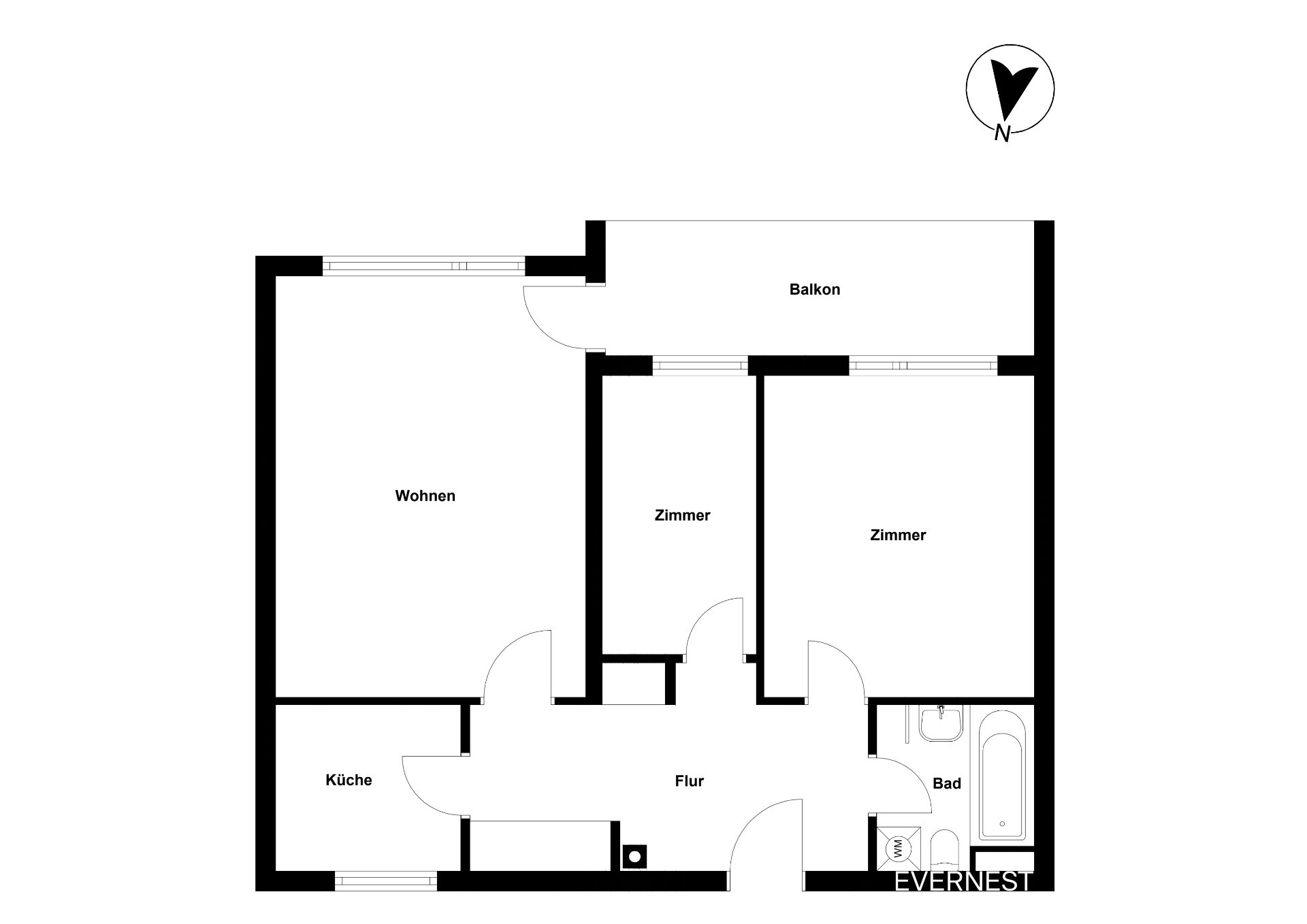 Grundriss einer Wohnung mit Wohnzimmer, zwei Zimmern, Küche, Bad, Flur und Balkon.
