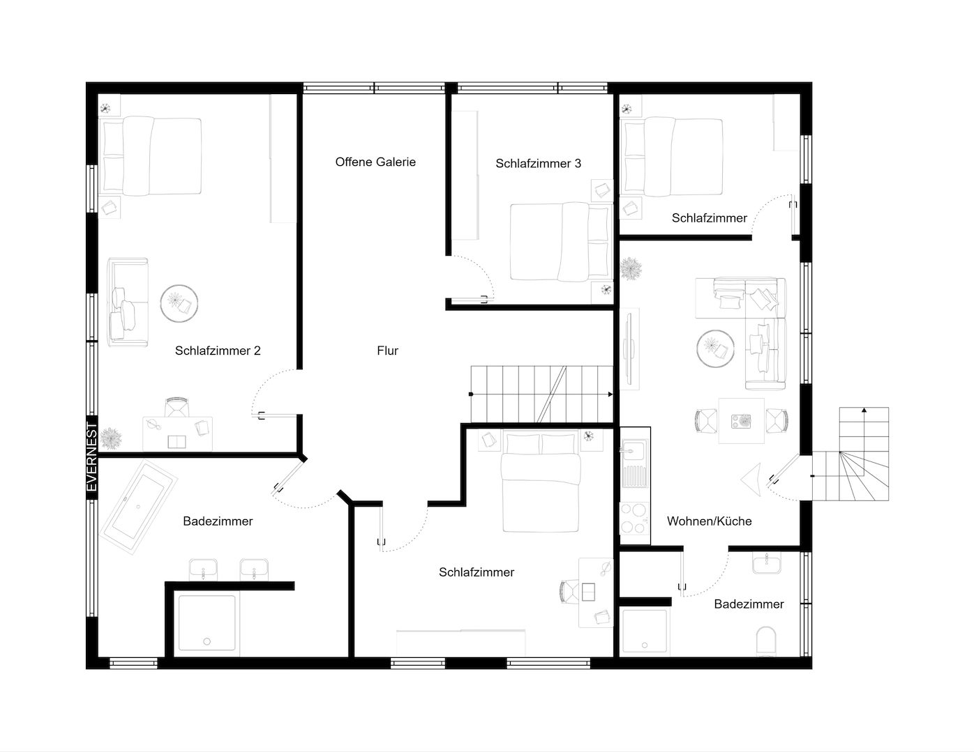 Grundriss mit drei Schlafzimmern, zwei Bädern, offener Galerie und Wohnküche.