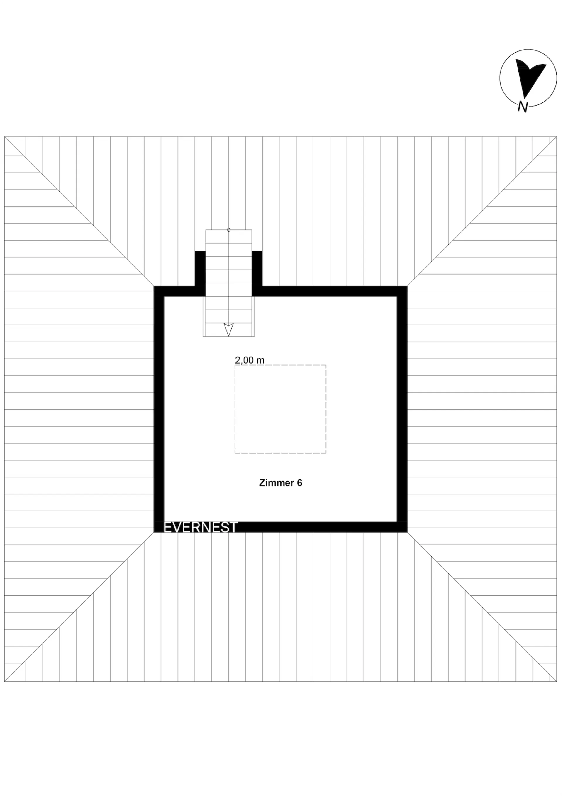 Grundriss eines Dachgeschosses mit einem Zimmer und Treppe.