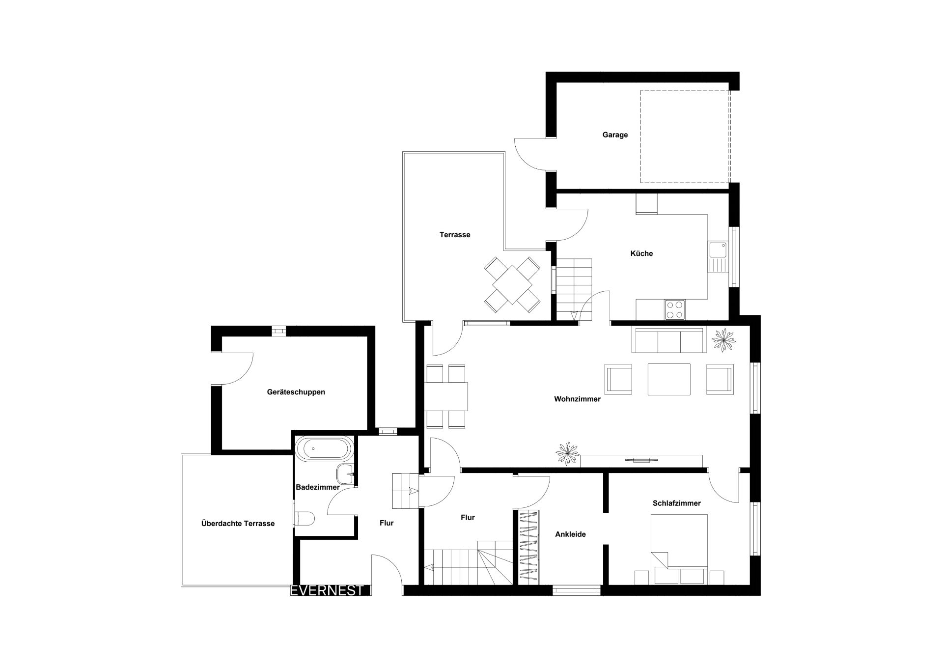 Grundriss eines Hauses mit Garage, Wohnzimmer, Schlafzimmer, Küche, Bad und zwei Terrassen.