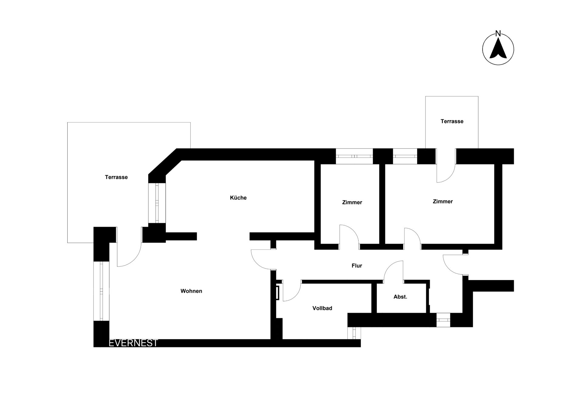 Grundriss einer Wohnung mit Küche, Wohnzimmer, Bad, zwei Zimmern, Abstellraum und zwei Terrassen.